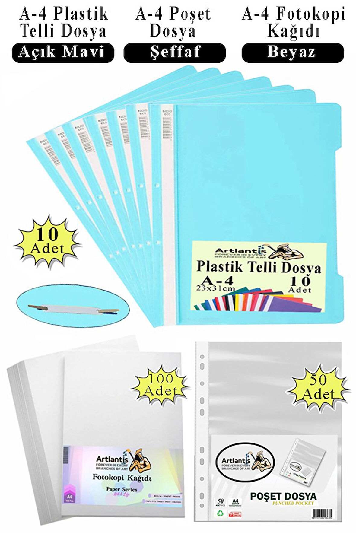 Telli Dosya Plastik A4 10 lu Poşet Dosya 50 li A4 Fotokopi Kağıdı 100 Adet 1 Paket Ekonomik Kaliteli Şeffaf Kapak Dosya