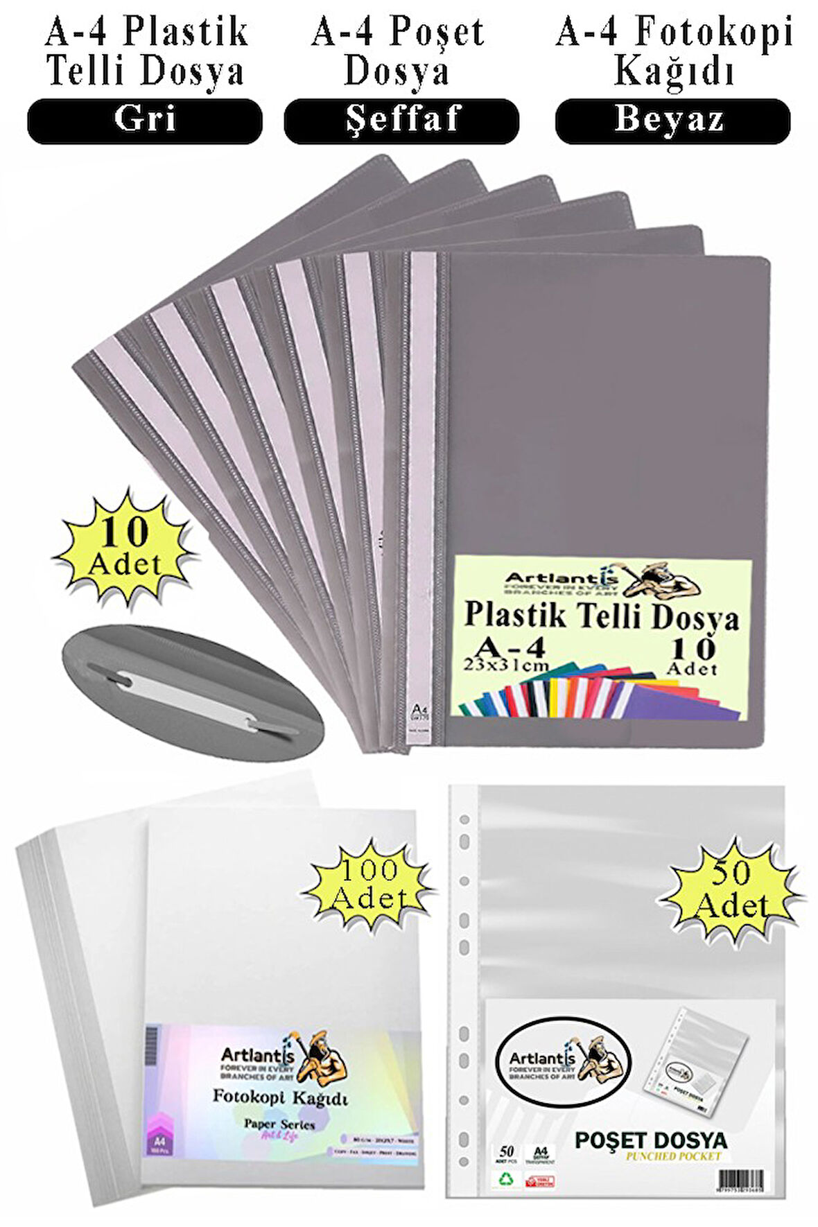 Telli Dosya Plastik A4 10 lu Poşet Dosya 50 li A4 Fotokopi Kağıdı 100 Adet 1 Paket Ekonomik Kaliteli Şeffaf Kapak Dosya