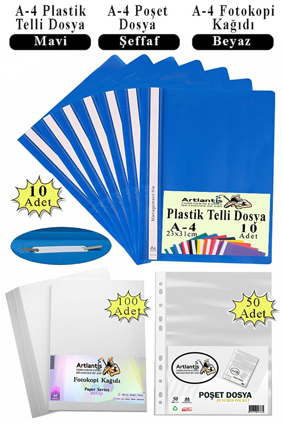 Telli Dosya Plastik A4 10 lu Poşet Dosya 50 li A4 Fotokopi Kağıdı 100 Adet 1 Paket Ekonomik Kaliteli Şeffaf Kapak Dosya
