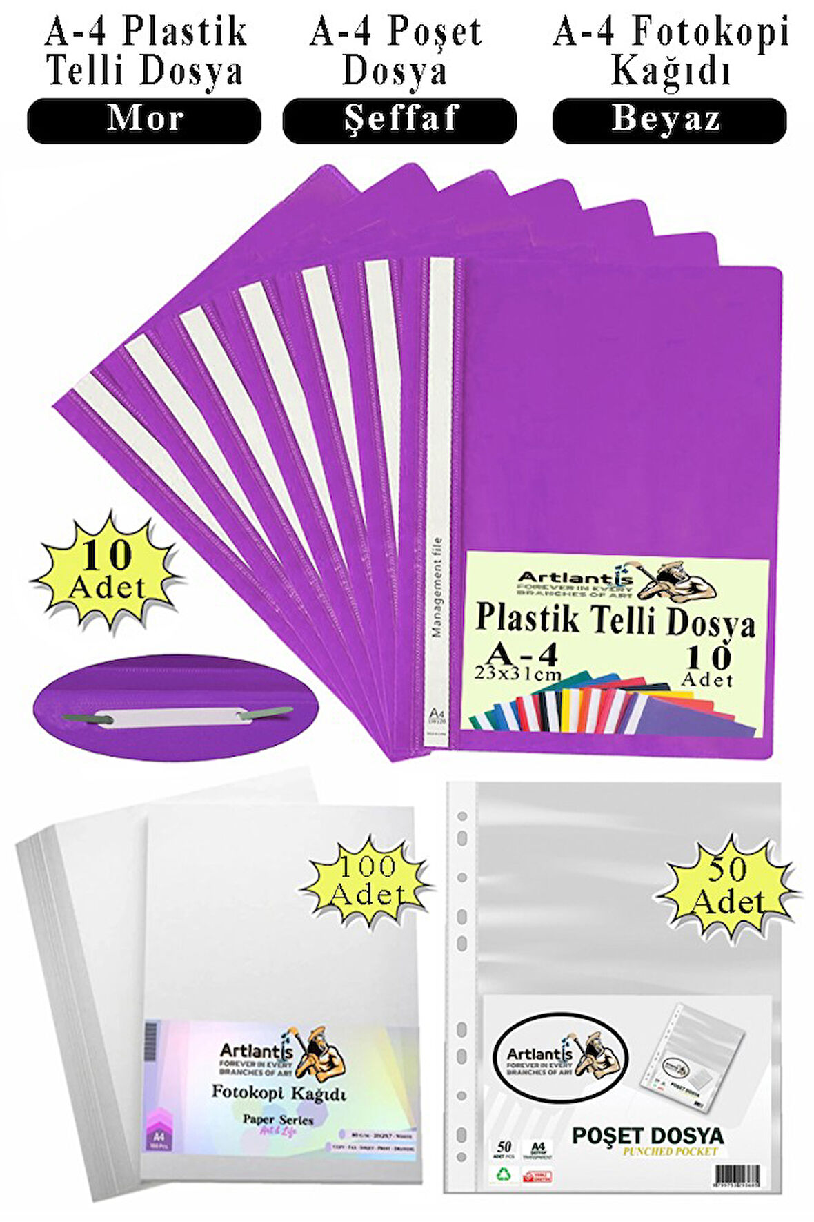Telli Dosya Plastik A4 10 lu Poşet Dosya 50 li A4 Fotokopi Kağıdı 100 Adet 1 Paket Ekonomik Kaliteli Şeffaf Kapak Dosya