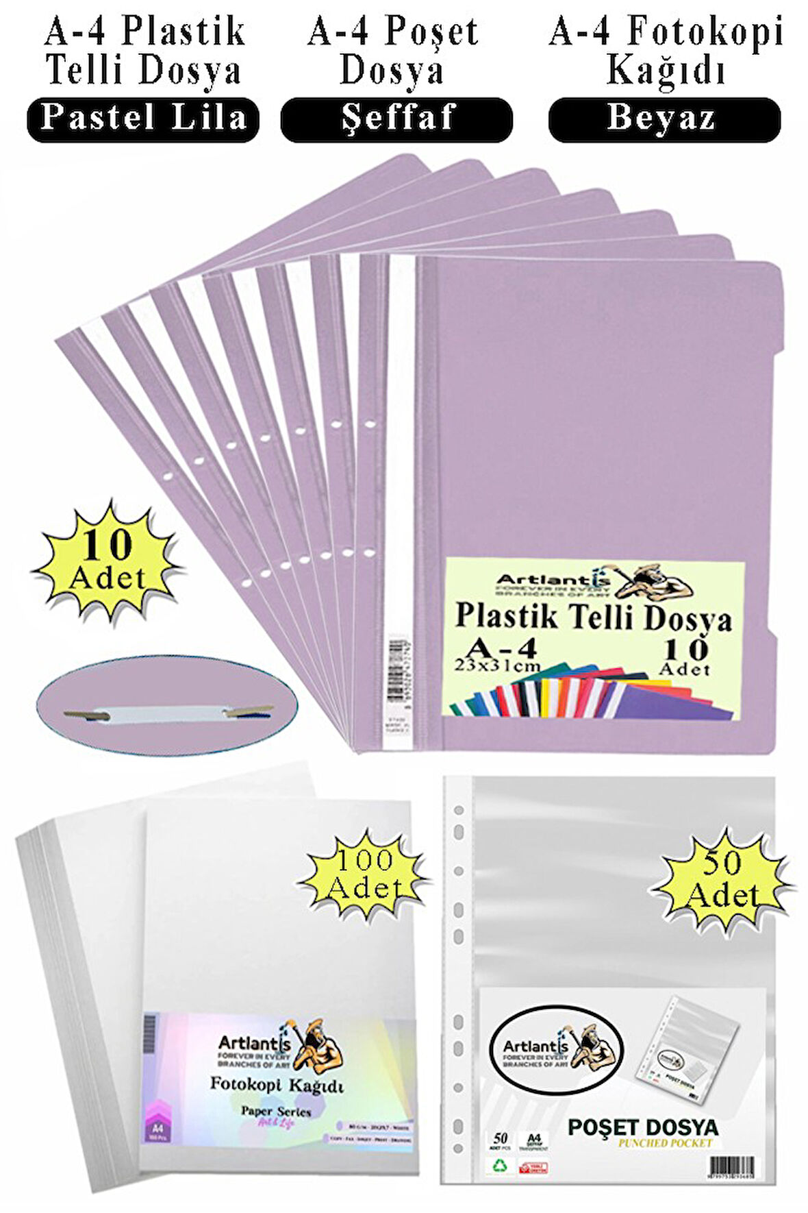 Telli Dosya Plastik A4 10 lu Poşet Dosya 50 li A4 Fotokopi Kağıdı 100 Adet 1 Paket Ekonomik Kaliteli Şeffaf Kapak Dosya