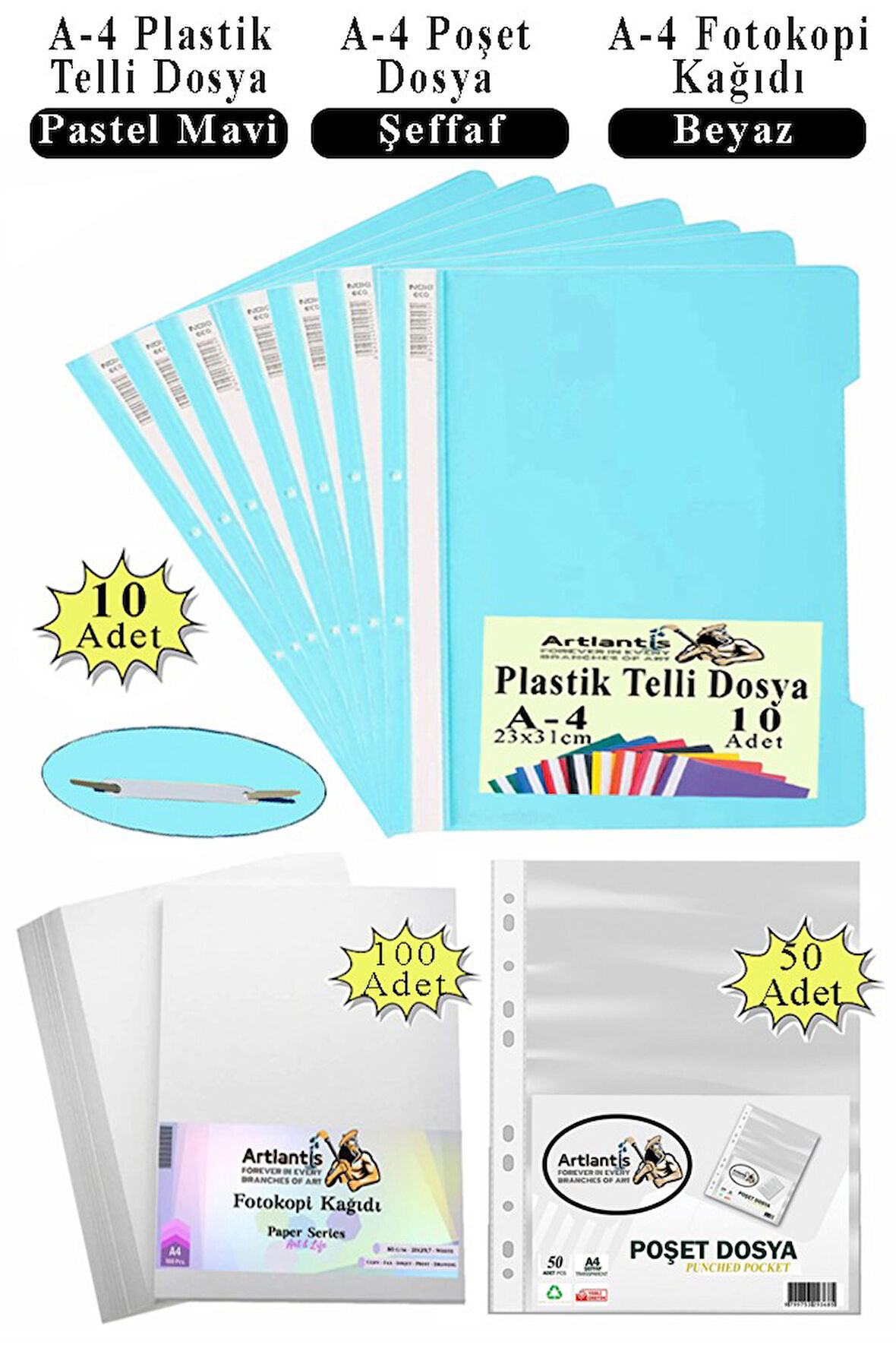 Telli Dosya Plastik A4 10 lu Poşet Dosya 50 li A4 Fotokopi Kağıdı 100 Adet 1 Paket Ekonomik Kaliteli Şeffaf Kapak Dosya