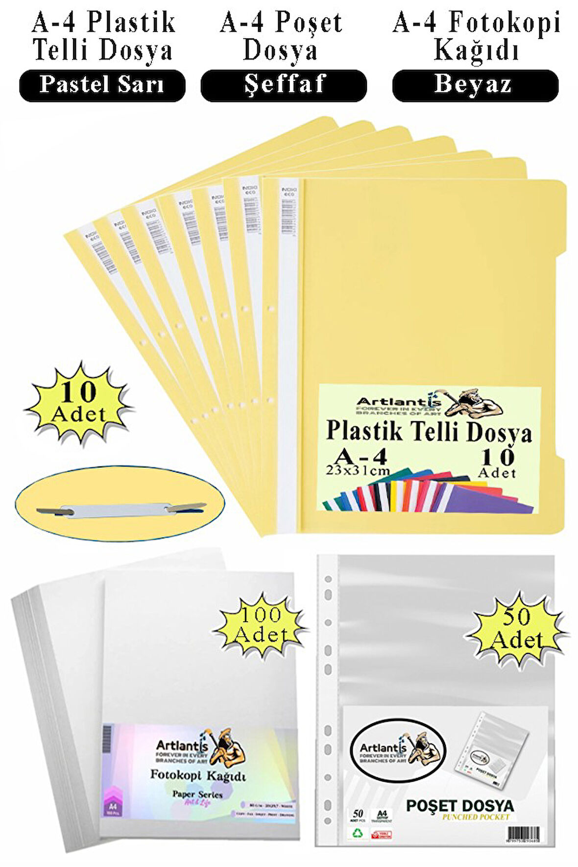 Telli Dosya Plastik A4 10 lu Poşet Dosya 50 li A4 Fotokopi Kağıdı 100 Adet 1 Paket Ekonomik Kaliteli Şeffaf Kapak Dosya