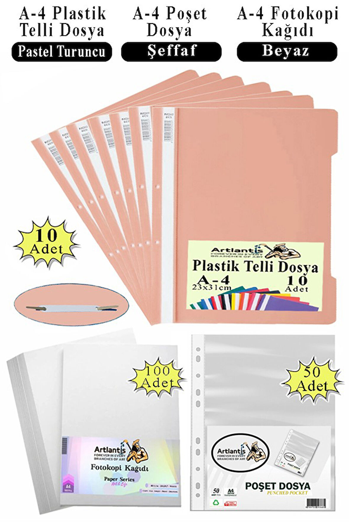 Telli Dosya Plastik A4 10 lu Poşet Dosya 50 li A4 Fotokopi Kağıdı 100 Adet 1 Paket Ekonomik Kaliteli Şeffaf Kapak Dosya