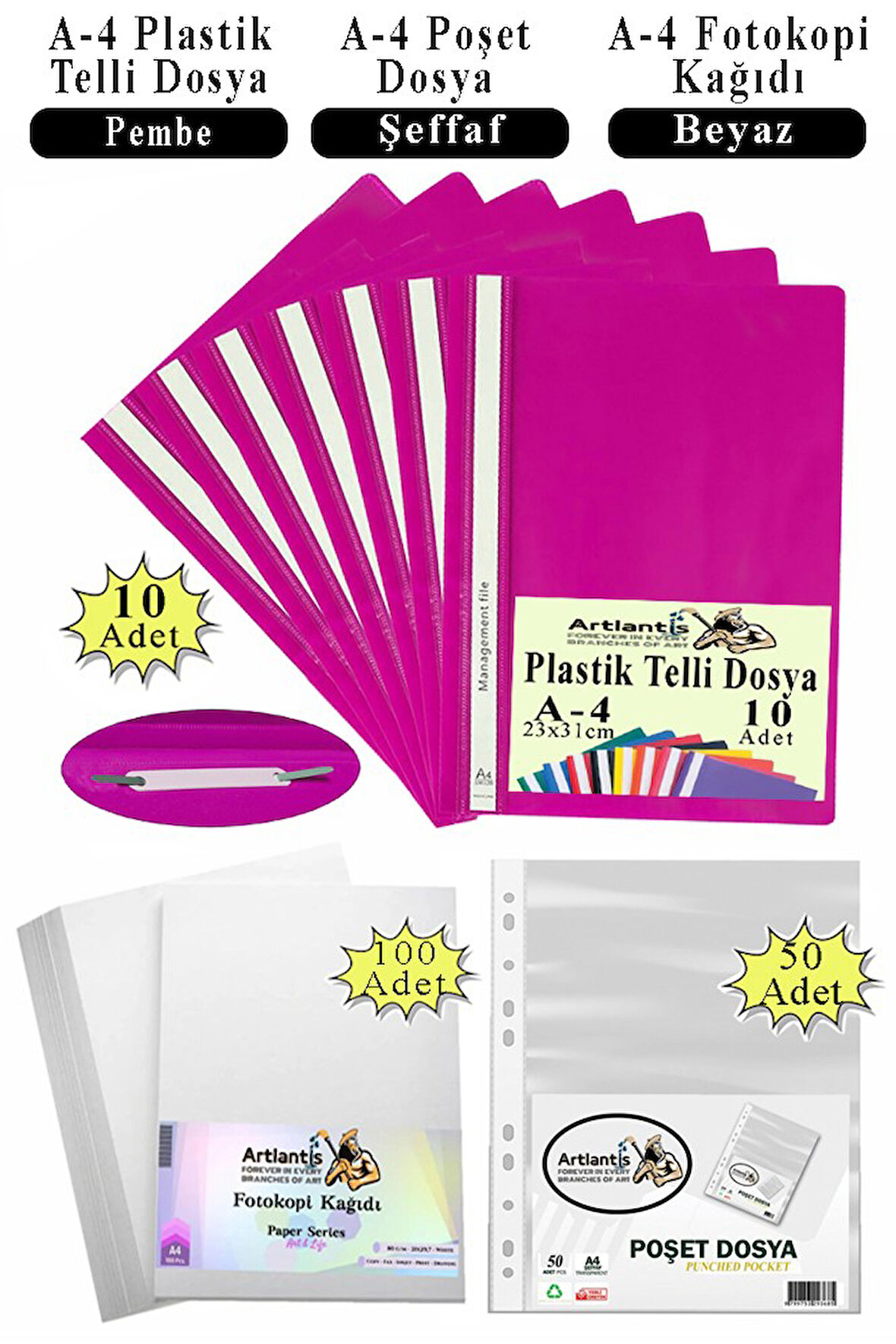 Telli Dosya Plastik A4 10 lu Poşet Dosya 50 li A4 Fotokopi Kağıdı 100 Adet 1 Paket Ekonomik Kaliteli Şeffaf Kapak Dosya