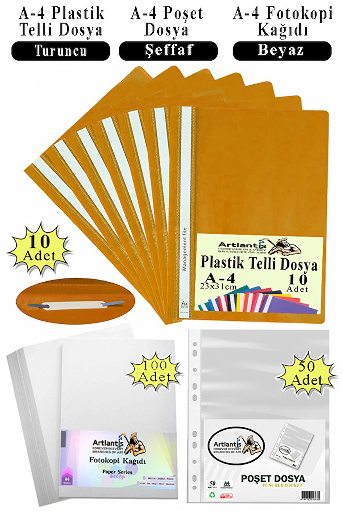 Telli Dosya Plastik A4 10 lu Poşet Dosya 50 li A4 Fotokopi Kağıdı 100 Adet 1 Paket Ekonomik Kaliteli Şeffaf Kapak Dosya