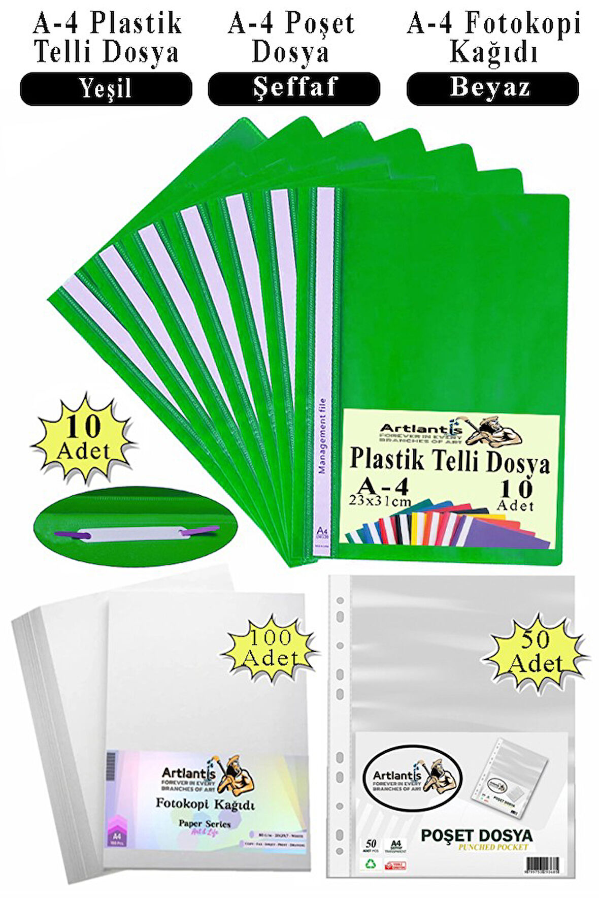 Telli Dosya Plastik A4 10 lu Poşet Dosya 50 li A4 Fotokopi Kağıdı 100 Adet 1 Paket Ekonomik Kaliteli Şeffaf Kapak Dosya