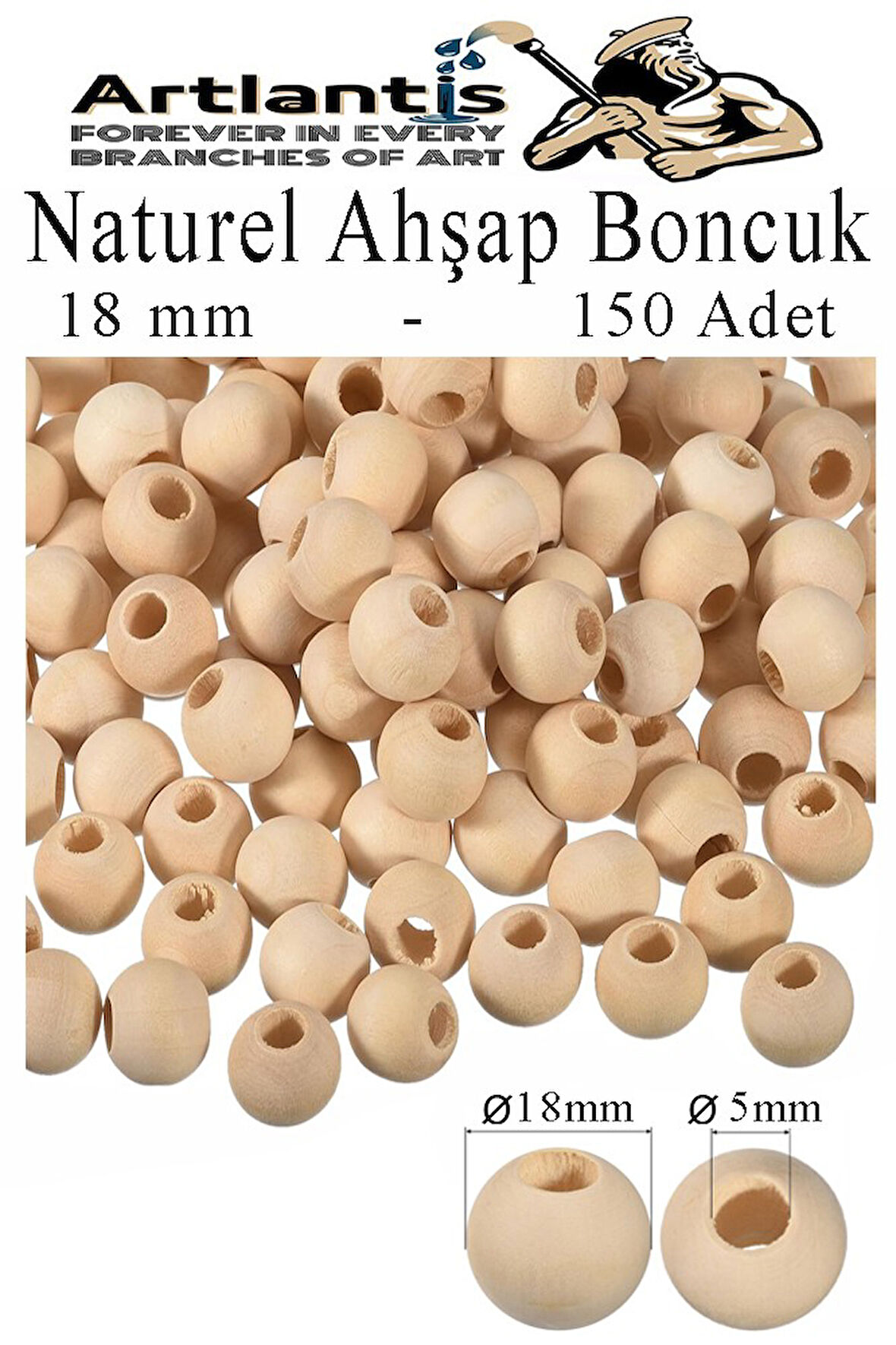 Naturel Ahşap Boncuk 18mm 150 lü 1 Paket Ham Boyanabilir Ahşap Yuvarlak Doğal Boncuklar Takı Tasarım Ektinlik Kreş Okul