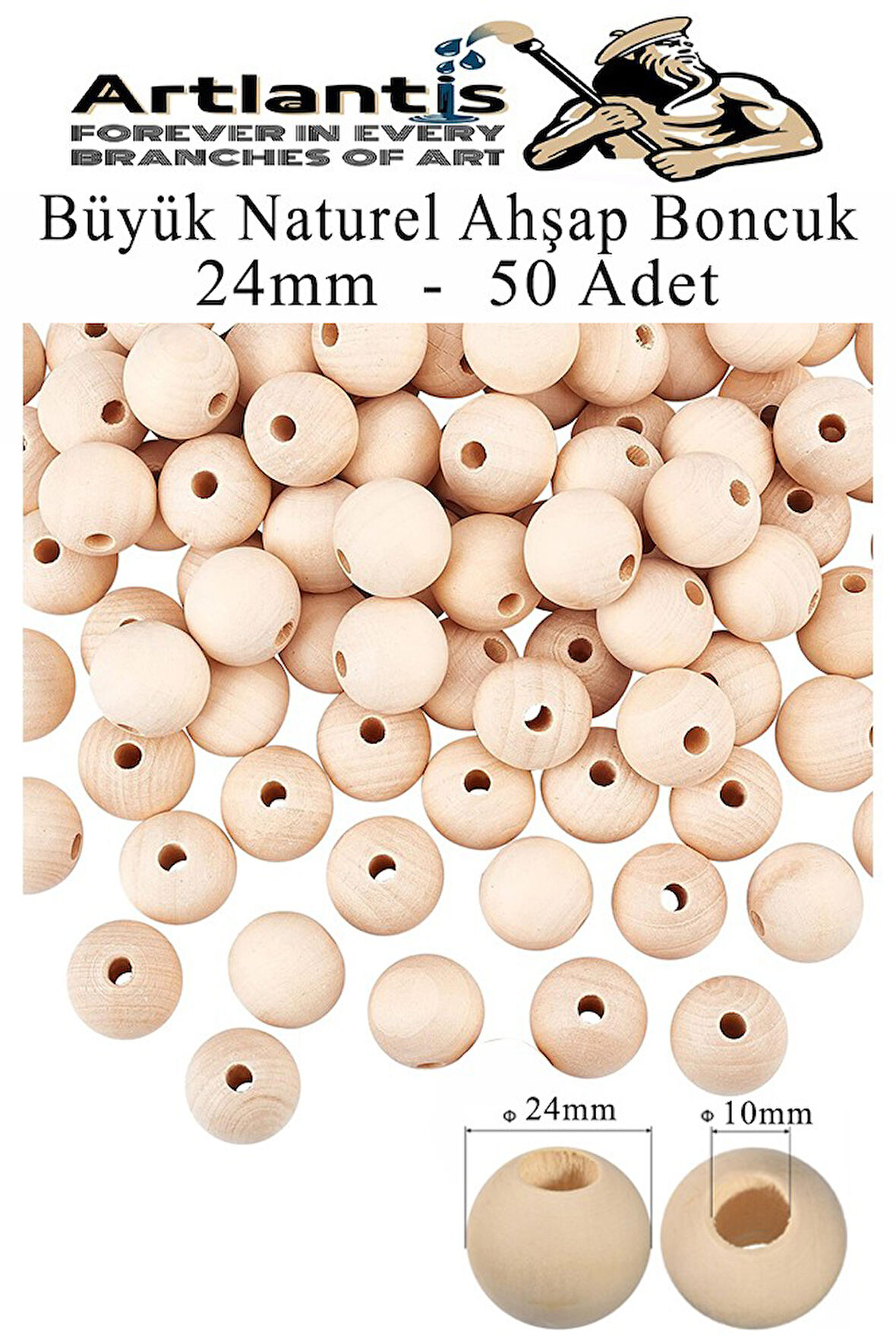 Naturel Ahşap Boncuk 24mm 50 li 1 Paket Ham Boyanabilir Ahşap Yuvarlak Doğal Boncuklar Takı Tasarım Ektinlik Kreş Okul