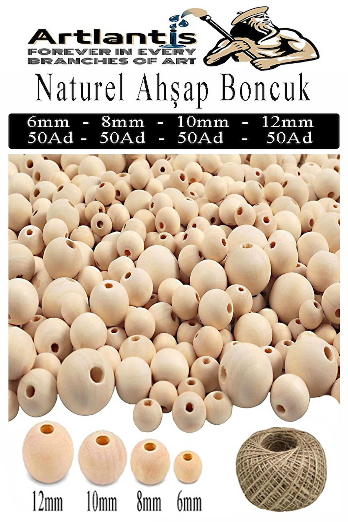 Naturel Ahşap Boncuk 200 lü 1 Paket Jüt İpi Ham Boyanabilir Ahşap Yuvarlak Doğal Boncuklar Takı Tasarım Ektinlik Kreş