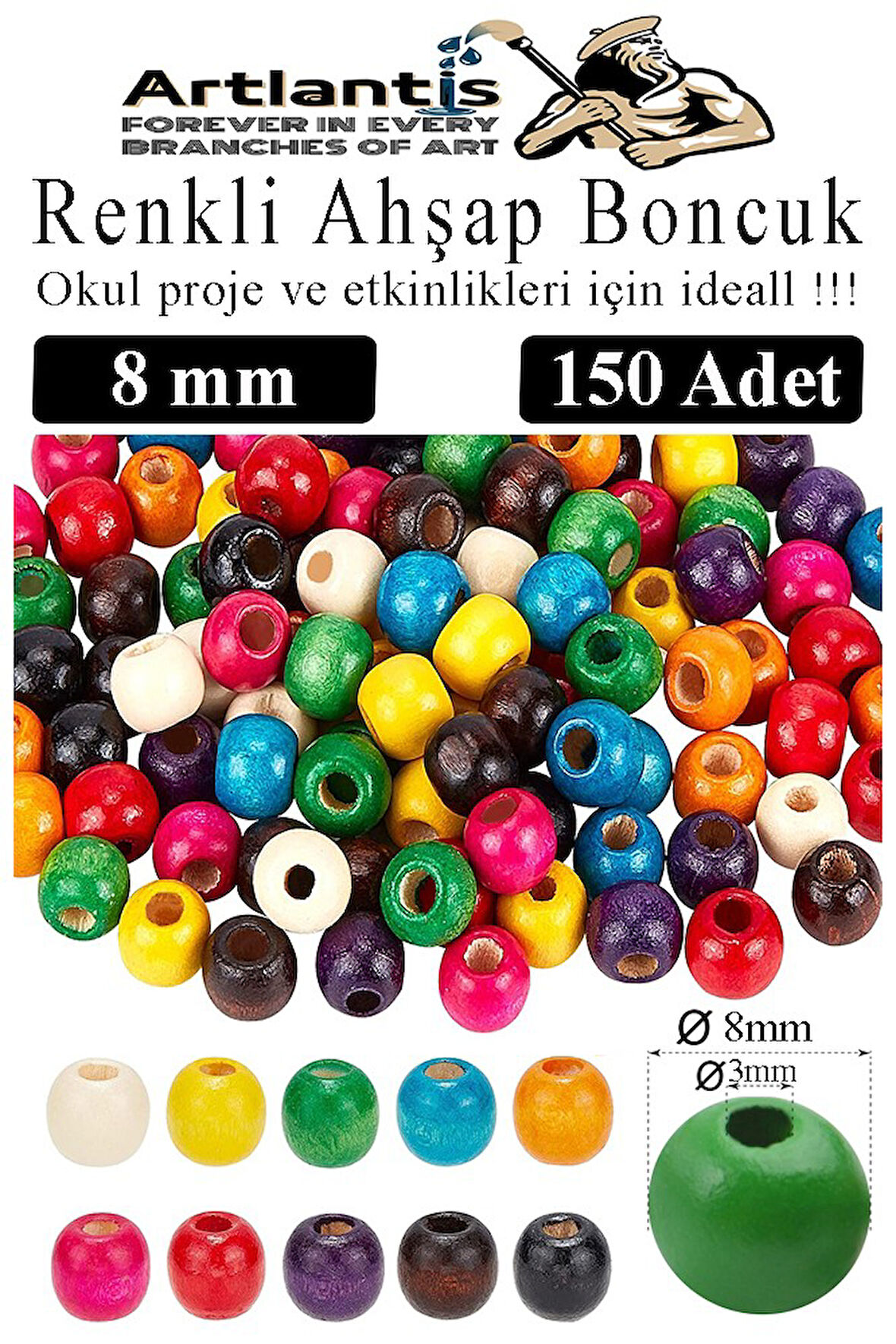 Renkli Ahşap Boncuk 8mm 150 li 1 Paket Renkli Ahşap Boyalı Yuvarlak Doğal Boncuklar Saç Takı Tasarım Ektinlik Kreş Okul