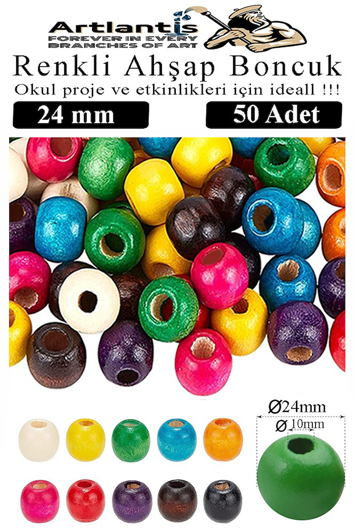 Renkli Ahşap Boncuk 24mm 50 li 1 Paket Renkli Ahşap Boyalı Yuvarlak Doğal Boncuklar Saç Takı Tasarım Ektinlik Kreş Okul