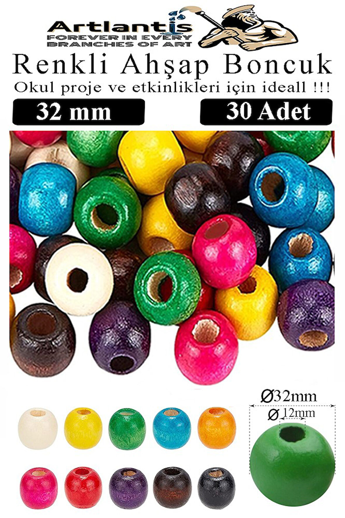 Renkli Ahşap Boncuk 32mm 30 lu 1 Paket Renkli Ahşap Boyalı Yuvarlak Doğal Boncuklar Saç Takı Tasarım Ektinlik Kreş Okul