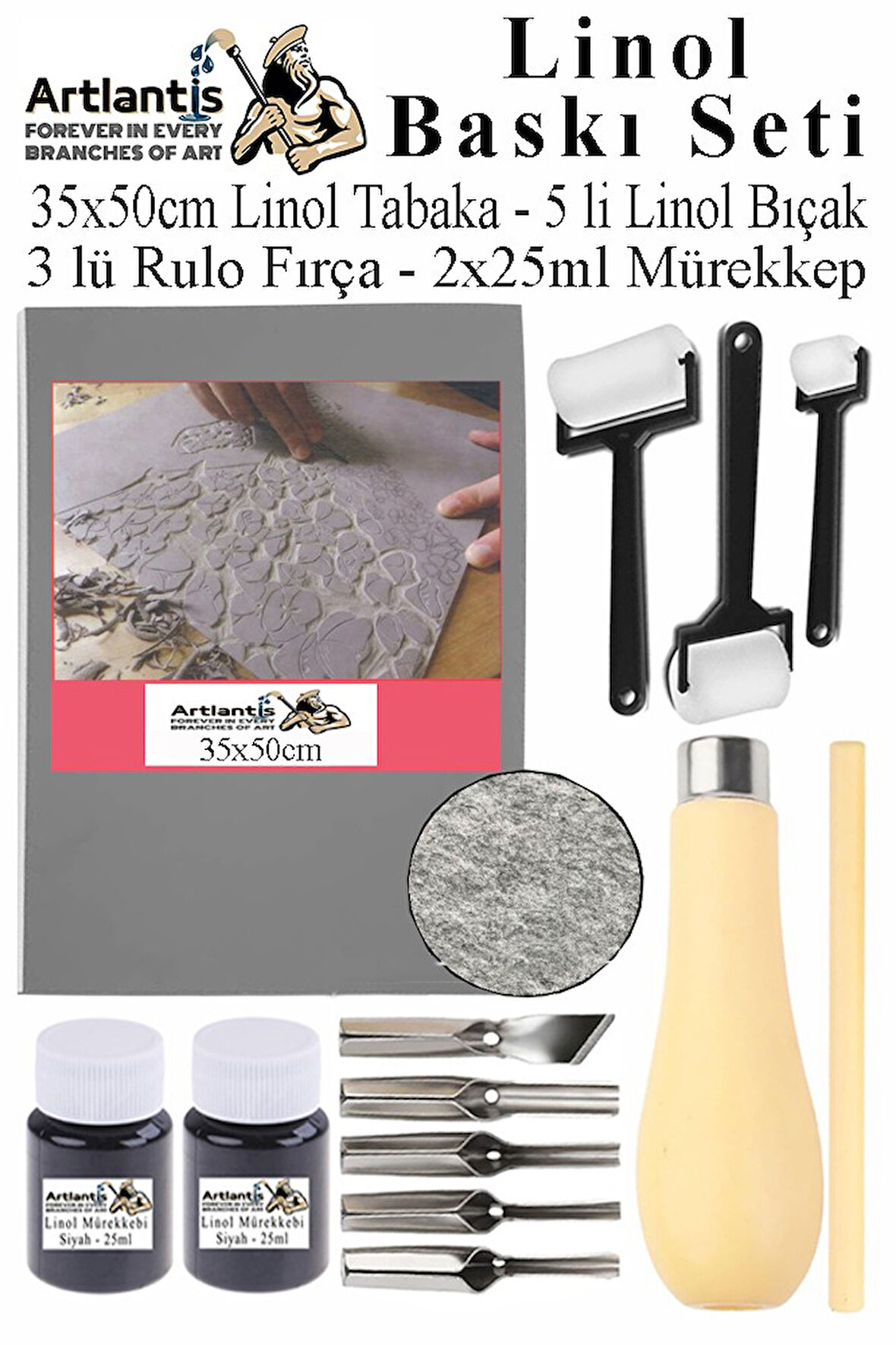 Linol Baskı Seti 1 Paket 35x50 cm Linolyum Tabaka Gri Linol Oyma Seti 5 Bıçaklı Rulo Fırça Mürekkep Linol Baskı Seti 