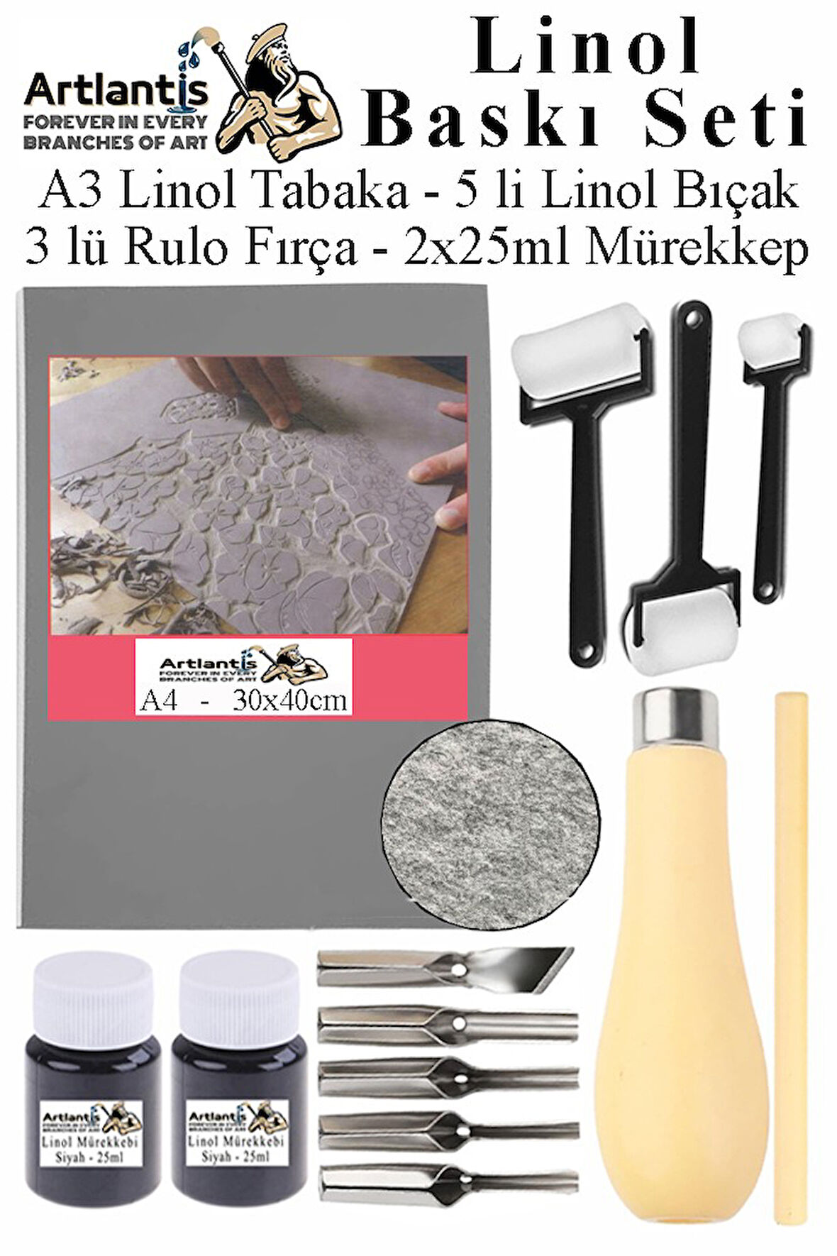 Linol Baskı Seti 1 Paket A3 30x40 cm Linolyum Tabaka Gri Linol Oyma Seti 5 Bıçaklı Rulo Fırça Mürekkep Linol Baskı Seti
