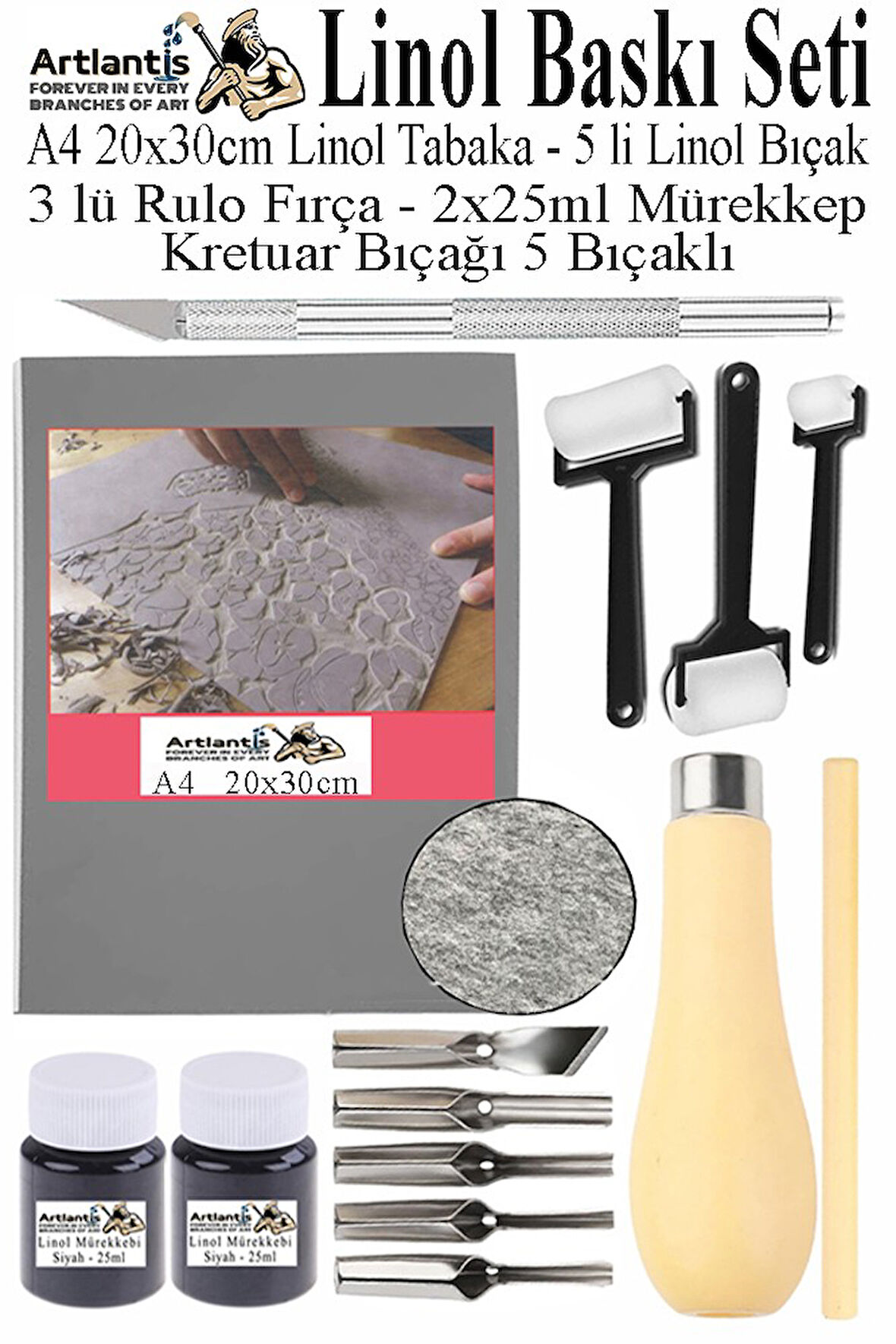 Linol Baskı Seti 1 Paket A4 Linolyum Tabaka Gri Kretuar Linol Oyma Seti 5 Bıçaklı Rulo Fırça Mürekkep Linol Baskı Seti 