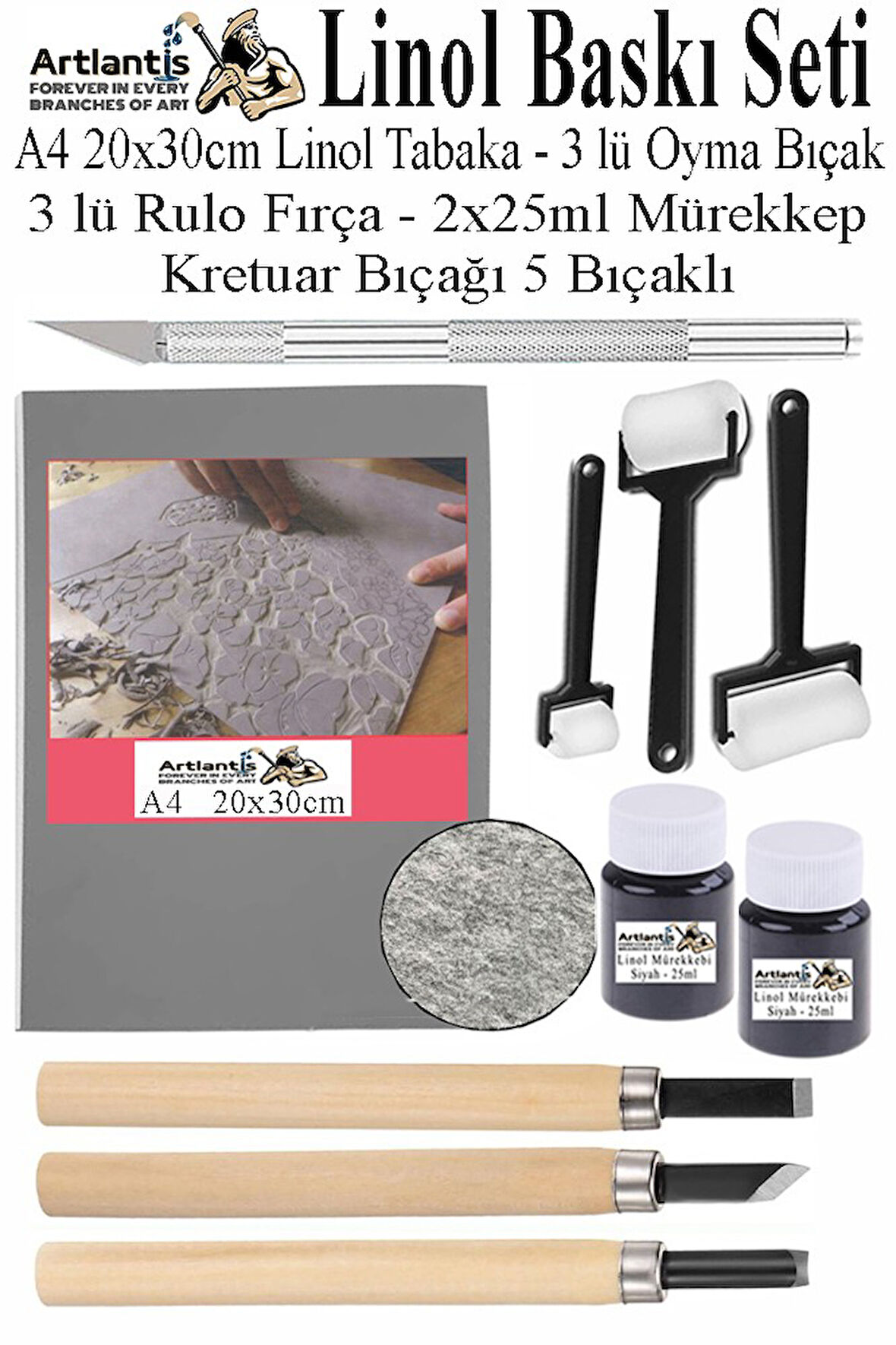 Linol Baskı Seti 1 Paket A4 20x30 Linolyum Tabaka Gri Linol Oyma Seti 3 Bıçaklı Kretuar Rulo Fırça Mürekkep Linol Baskı