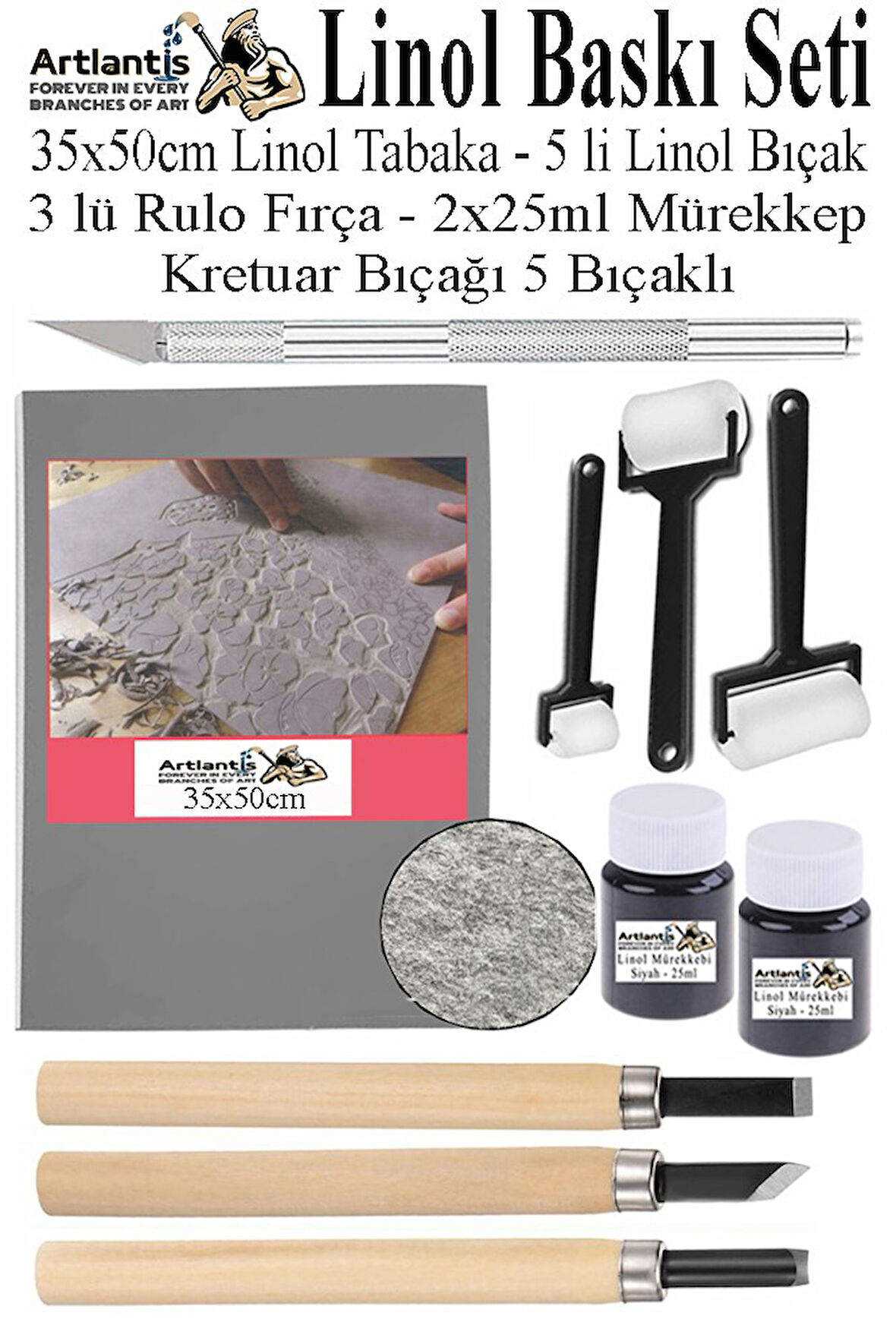 Linol Baskı Seti 1 Paket 35x50 cm Linolyum Tabaka Gri Linol Oyma Seti 3 Bıçaklı Kretuar Rulo Fırça Mürekkep Linol Baskı