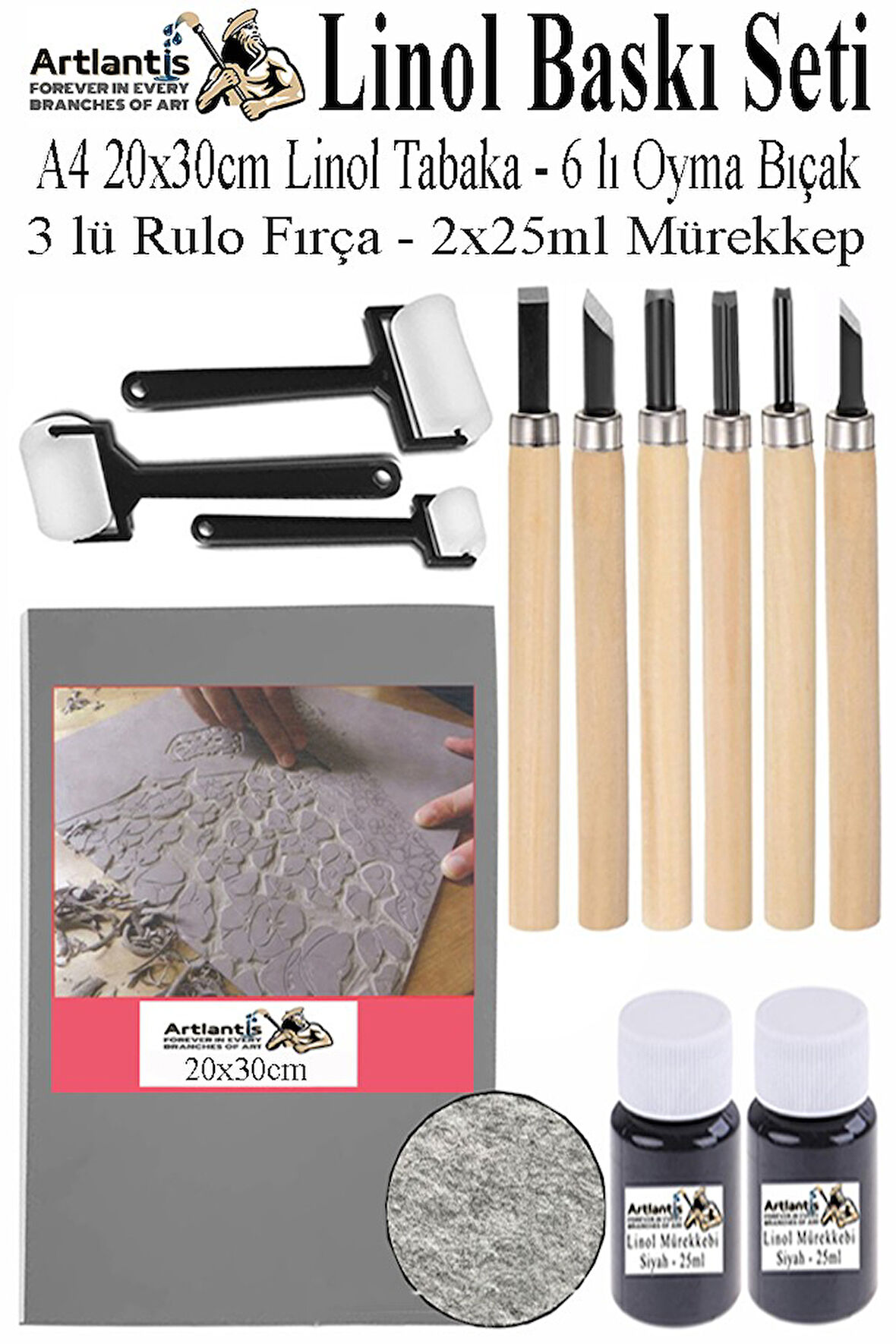 Linol Baskı Seti 1 Paket A4 20 x 30 Linolyum Tabaka Gri Linol Oyma Seti 6 Bıçaklı Rulo Fırça Mürekkep Linol Baskı Seti