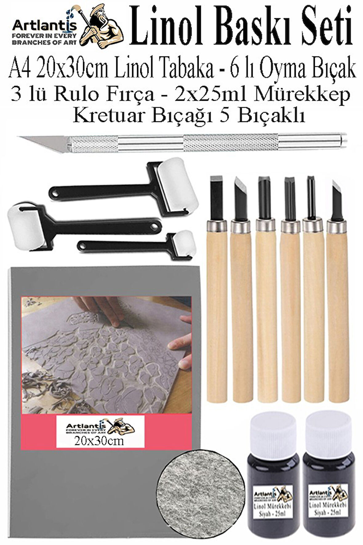 Linol Baskı Seti 1 Paket A4 20x30 Linolyum Tabaka Gri Linol Oyma Seti 6 Bıçaklı Kretuar Rulo Fırça Mürekkep Linol Baskı