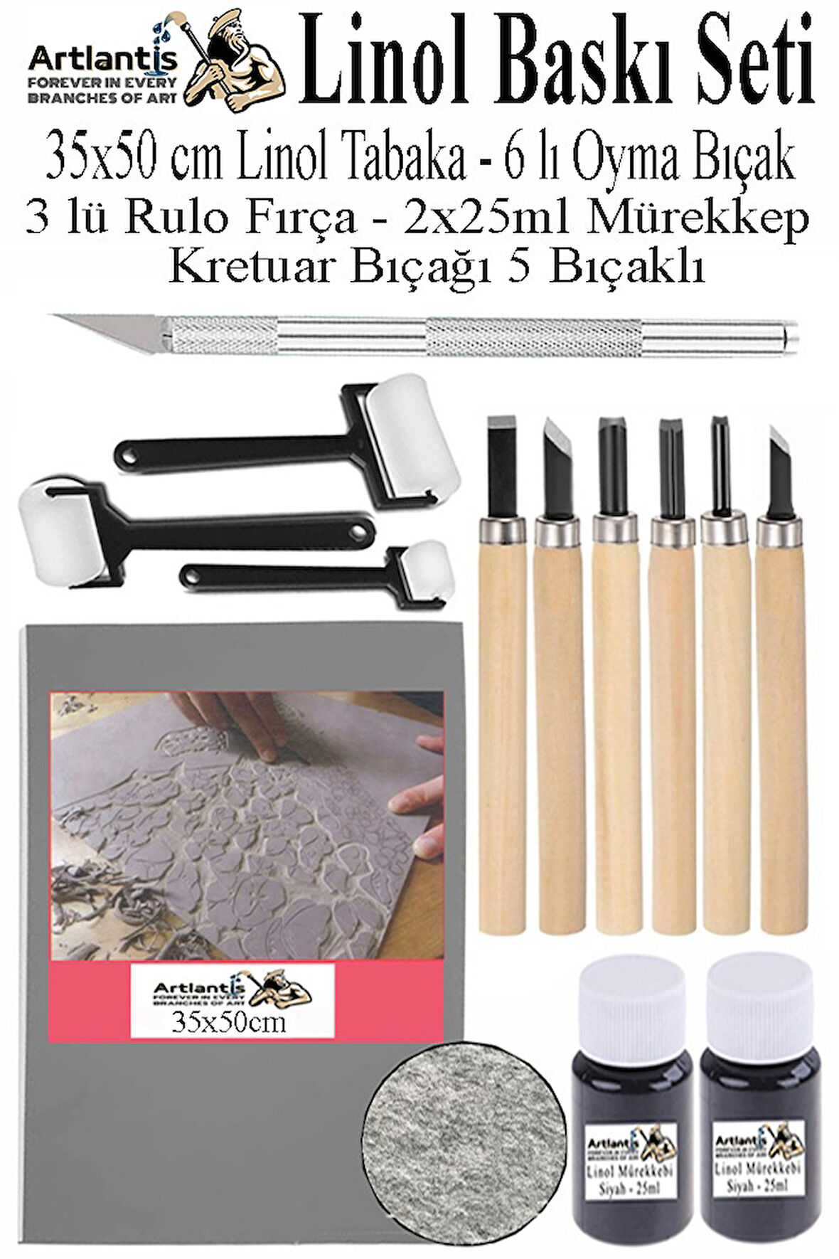 Linol Baskı Seti 1 Paket 35x50 cm Linolyum Tabaka Gri Linol Oyma Seti 6 Bıçaklı Kretuar Rulo Fırça Mürekkep Linol Baskı