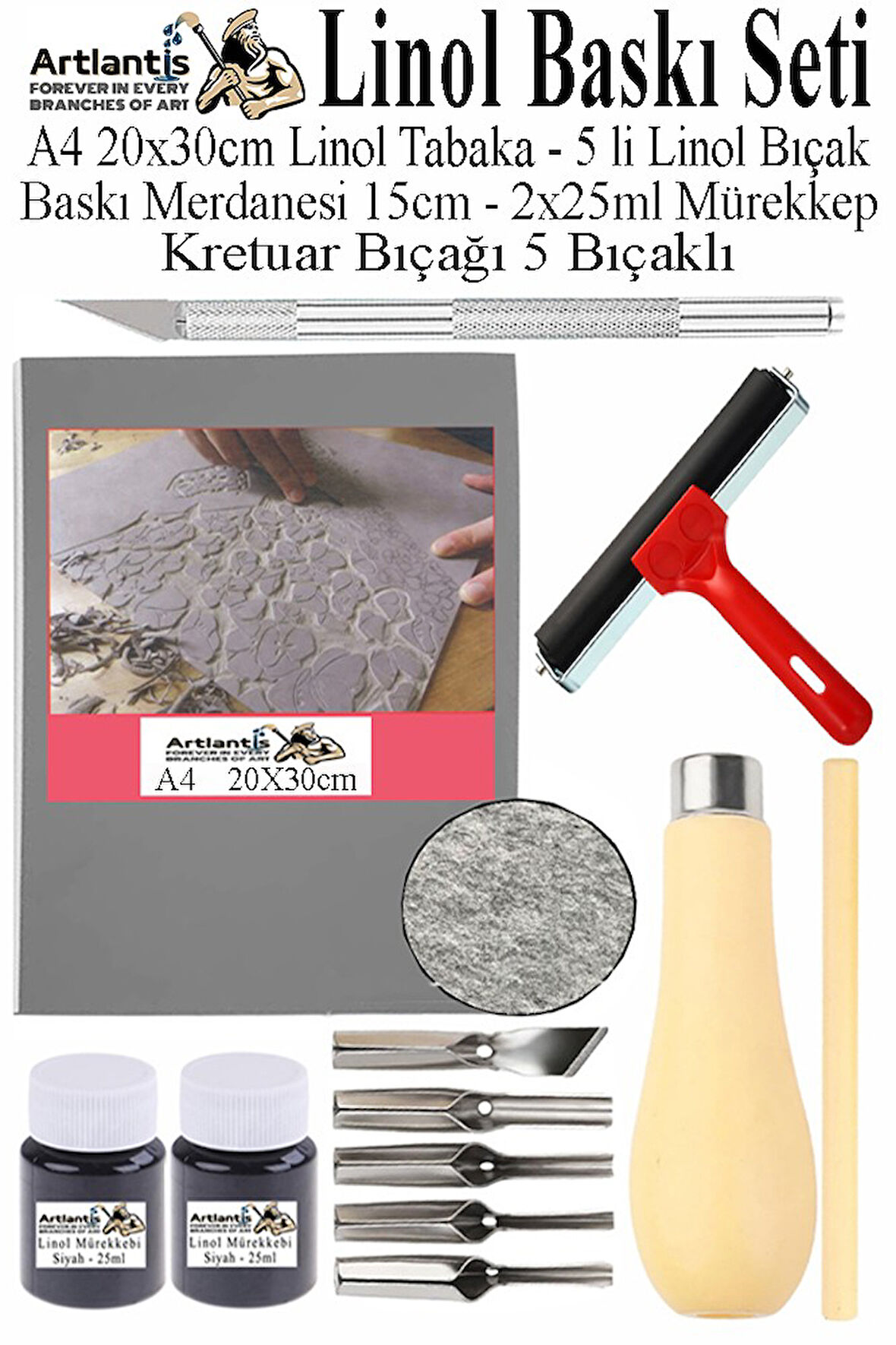 Linol Baskı Seti 1 Paket A4 20x30 Linolyum Tabaka Gri Linol Merdane Oyma Seti 5 Bıçaklı Rulo Fırça Mürekkep Linol Baskı