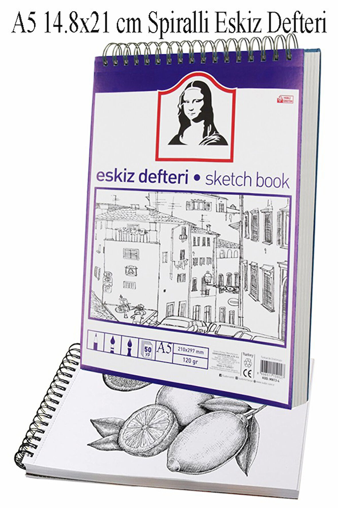 Telli Eskiz Defteri A5 Spiralli 50 Yaprak 1 Adet 120 gr 148x210 mm Karakalem Sketch Book Üstten Açılmalı Ezkiz Defteri