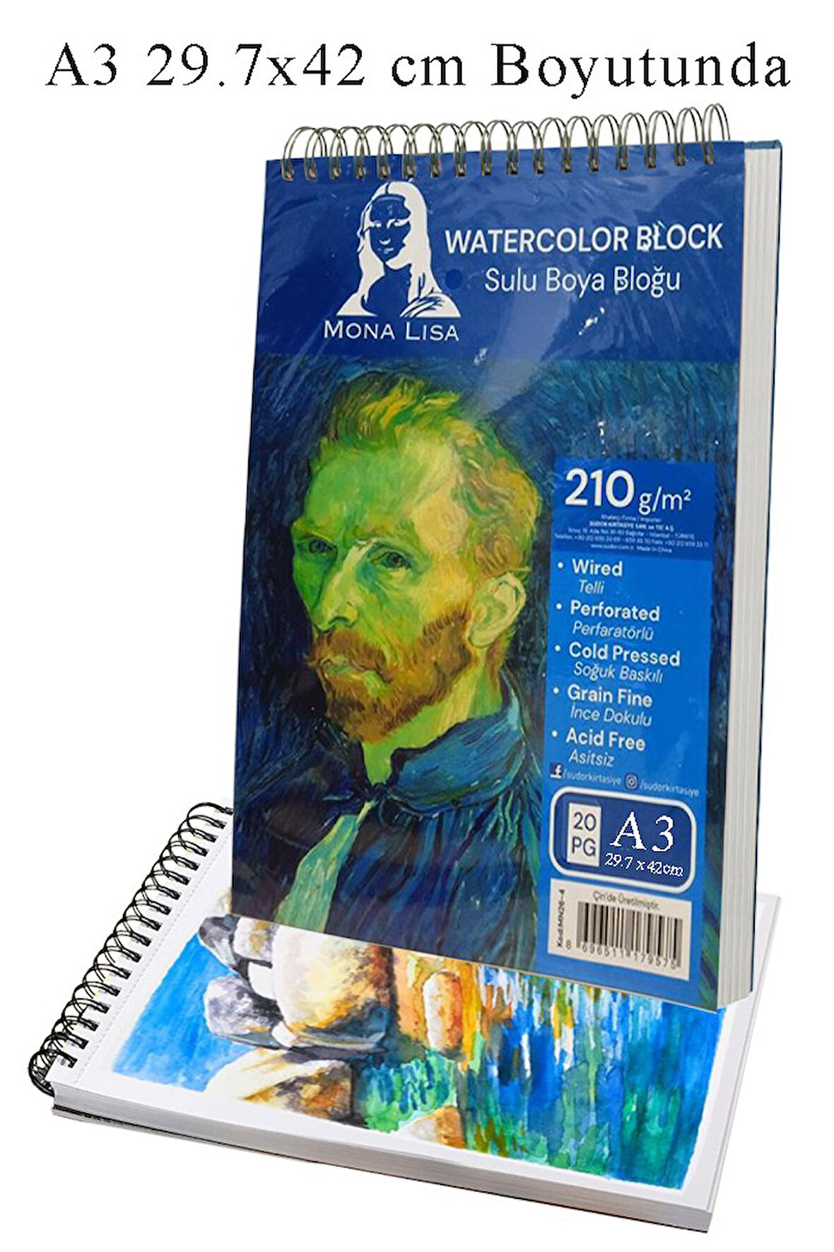 Telli Suluboya Bloğu A3 210gr 20 Yaprak İnce Dokulu Eskiz Defteri Sulu Boya Kağıdı Çizim Guaj Boya Gravür Karakalem