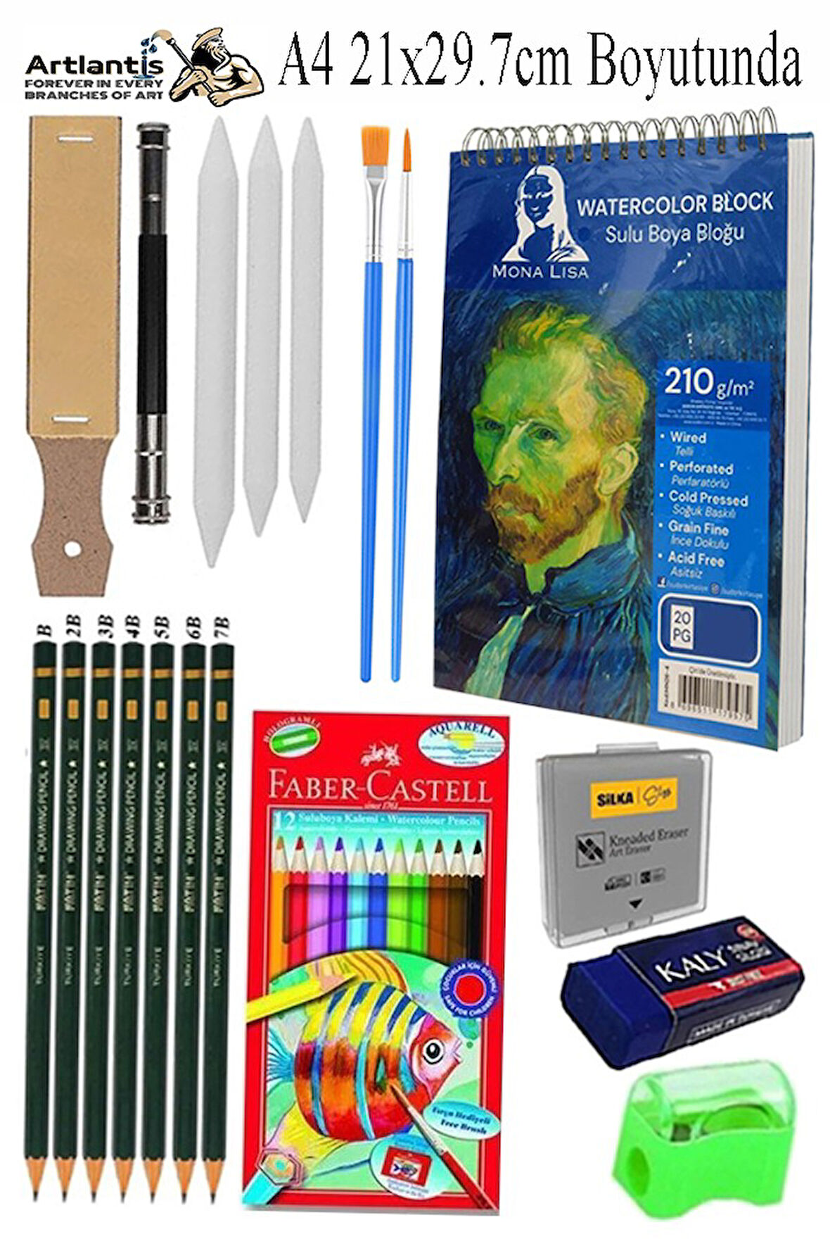 Telli Suluboya Bloğu Kağıdı A4 210gr 20 Yaprak İnce Dokulu Gölgelendirme Zımpara Aquarell Kuruboya Dereceli Kalem Uzatma