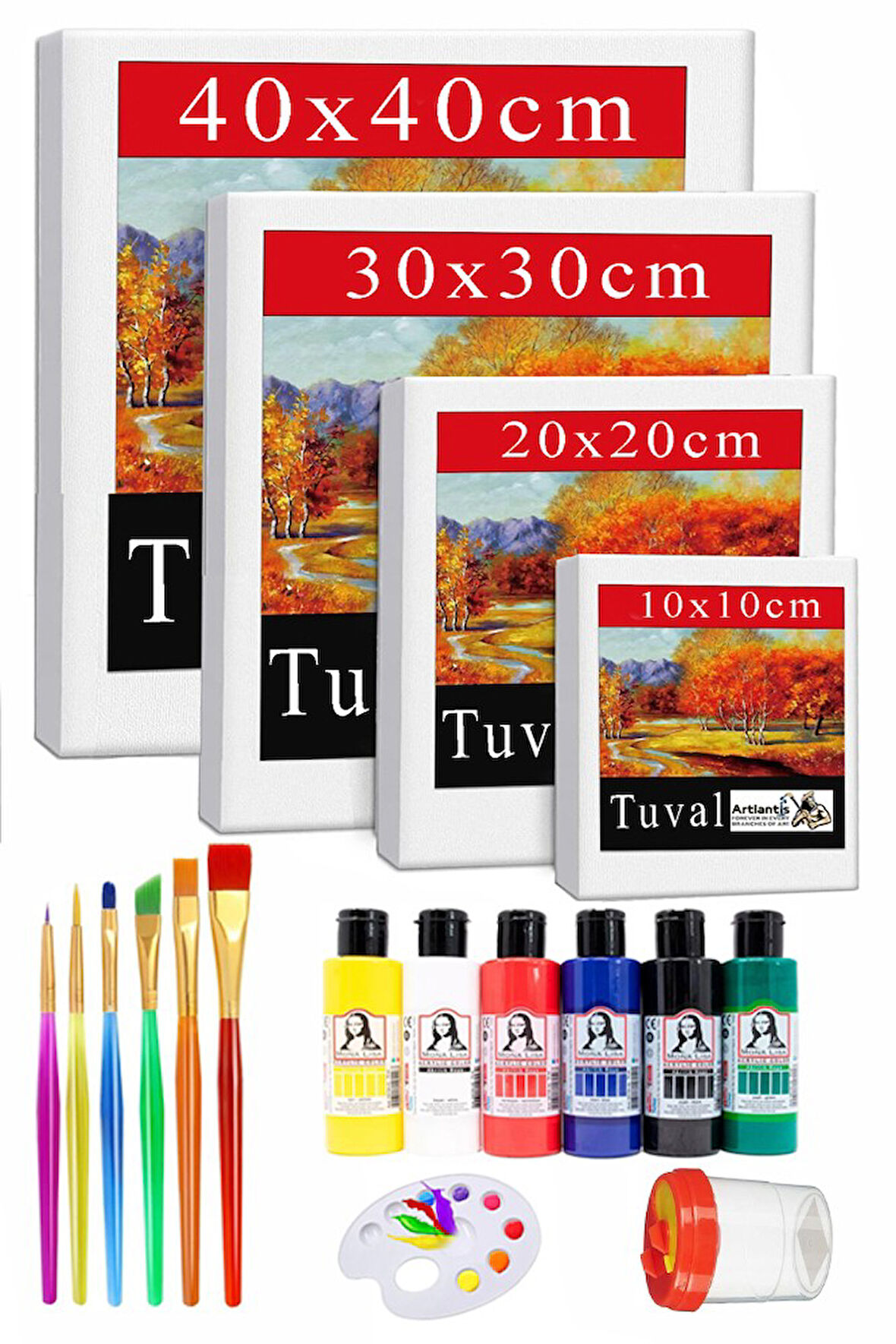 Kare Tuval 4 Adet 10x10 20x20 30x30 40x40 cm Boş Tuval Tablo 6 lı Akrilik Boya Fırça Palet Resim Tuvali Akrilik Yağlı