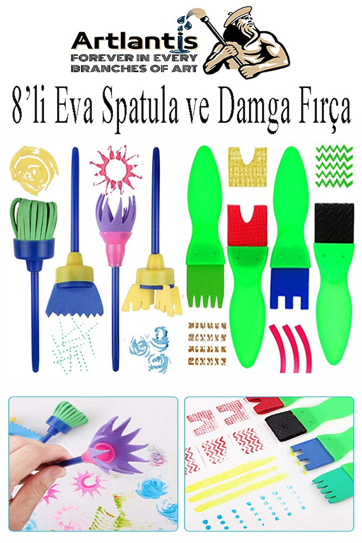 Eva Spatula ve Damga Fırçası 8 li 1 Paket Plastik Doku Tarağı Fırçası Okul Öncesi Boya Sünger Fırça Seti Çocuklar İçin