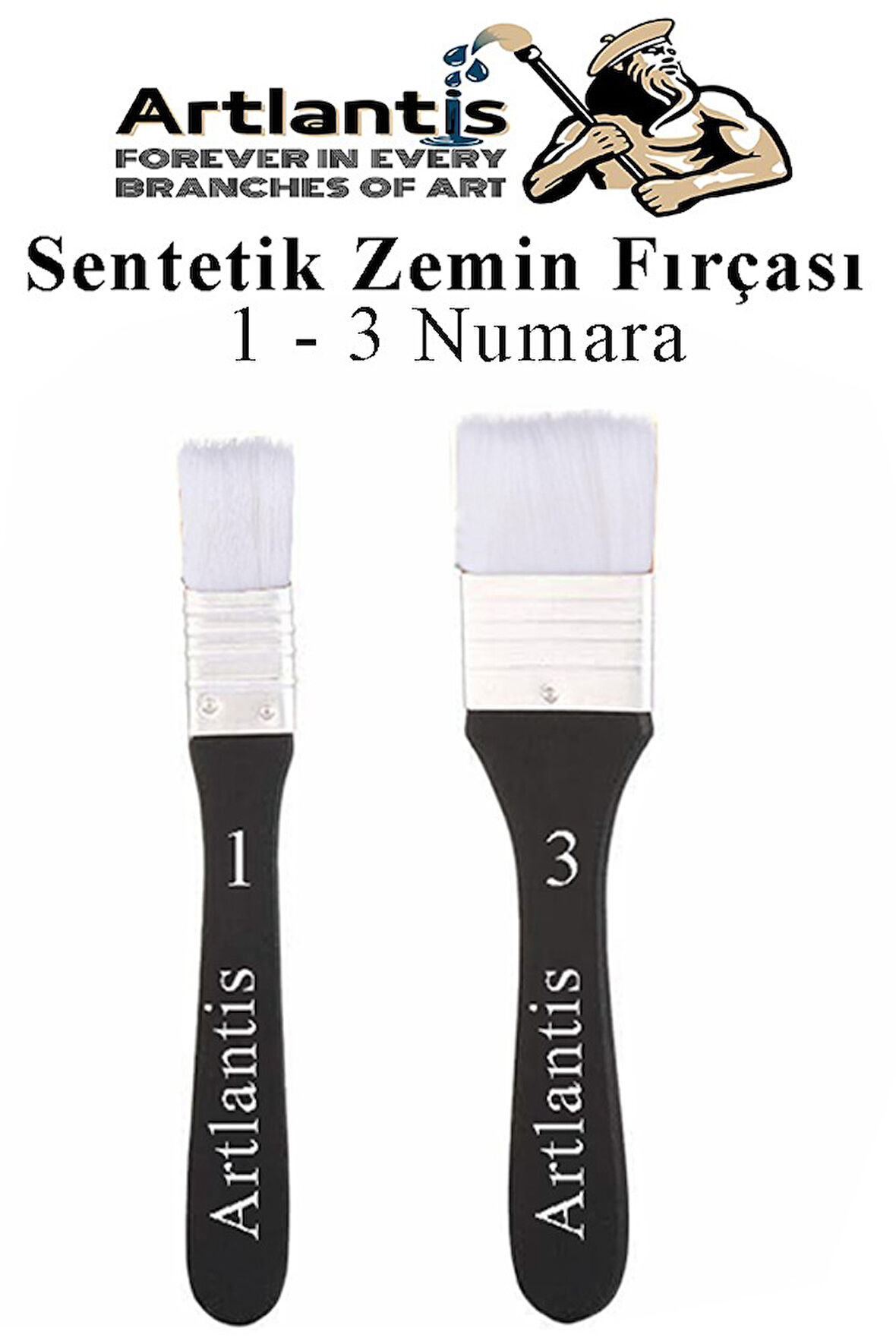 Zemin Fırçası 1 ve 3 Numara 2 Adet Siyah Saplı Beyaz Fırça Kıllı Sentetik İpek Uçlu Kıl Akrilik Guaj Yağlı Boya Fırçası