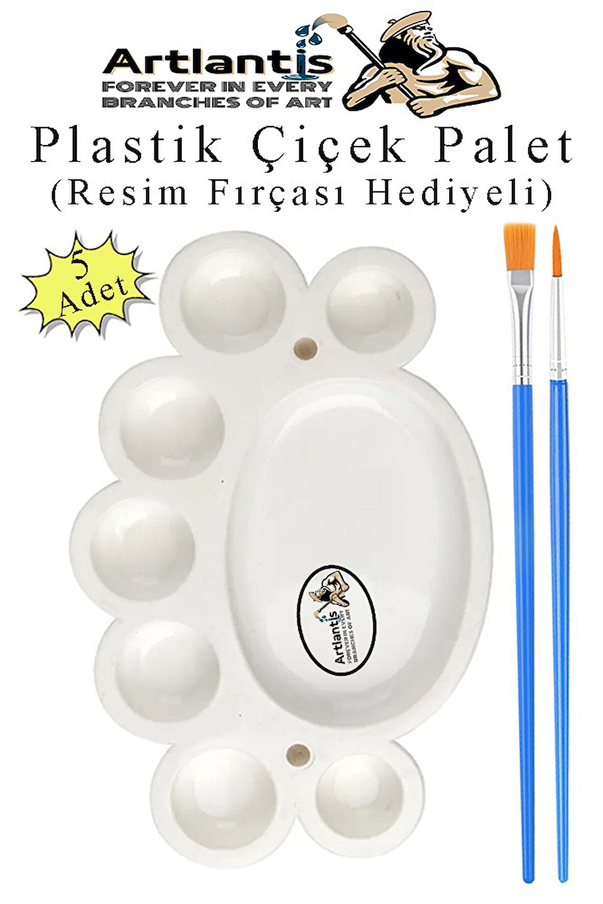 Plastik Çiçek Palet 5 Adet Çiçek Boya Paleti 8 Hazneli 17 cm  Resim Boyama Paleti Fırça Hediyeli Sanatsal Hobi