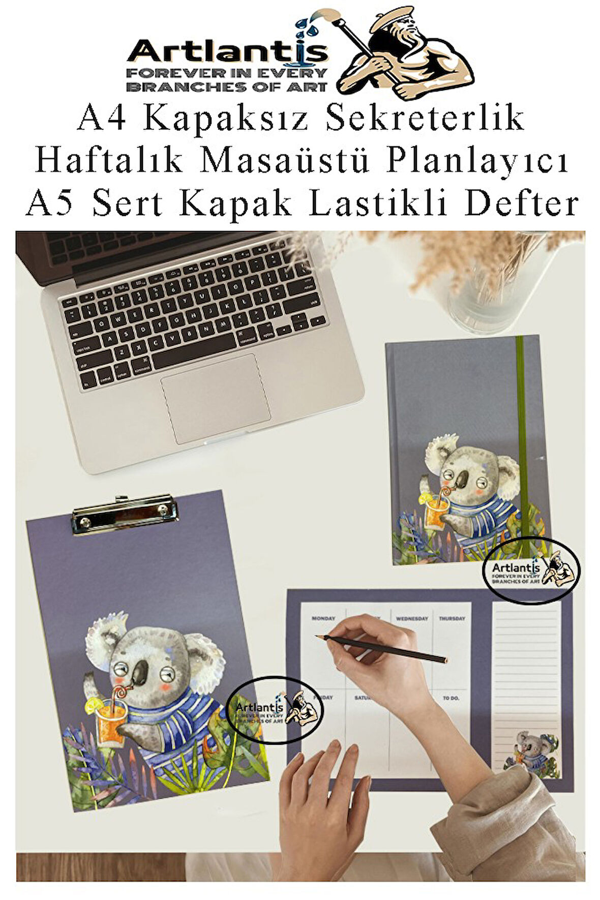 Desenli A4 Kapaksız Sekreterlik Masaüstü Haftalık Planlayıcı ve A5 Sert Kapak Lastikli Defter Planner Planlama Seti Ofis