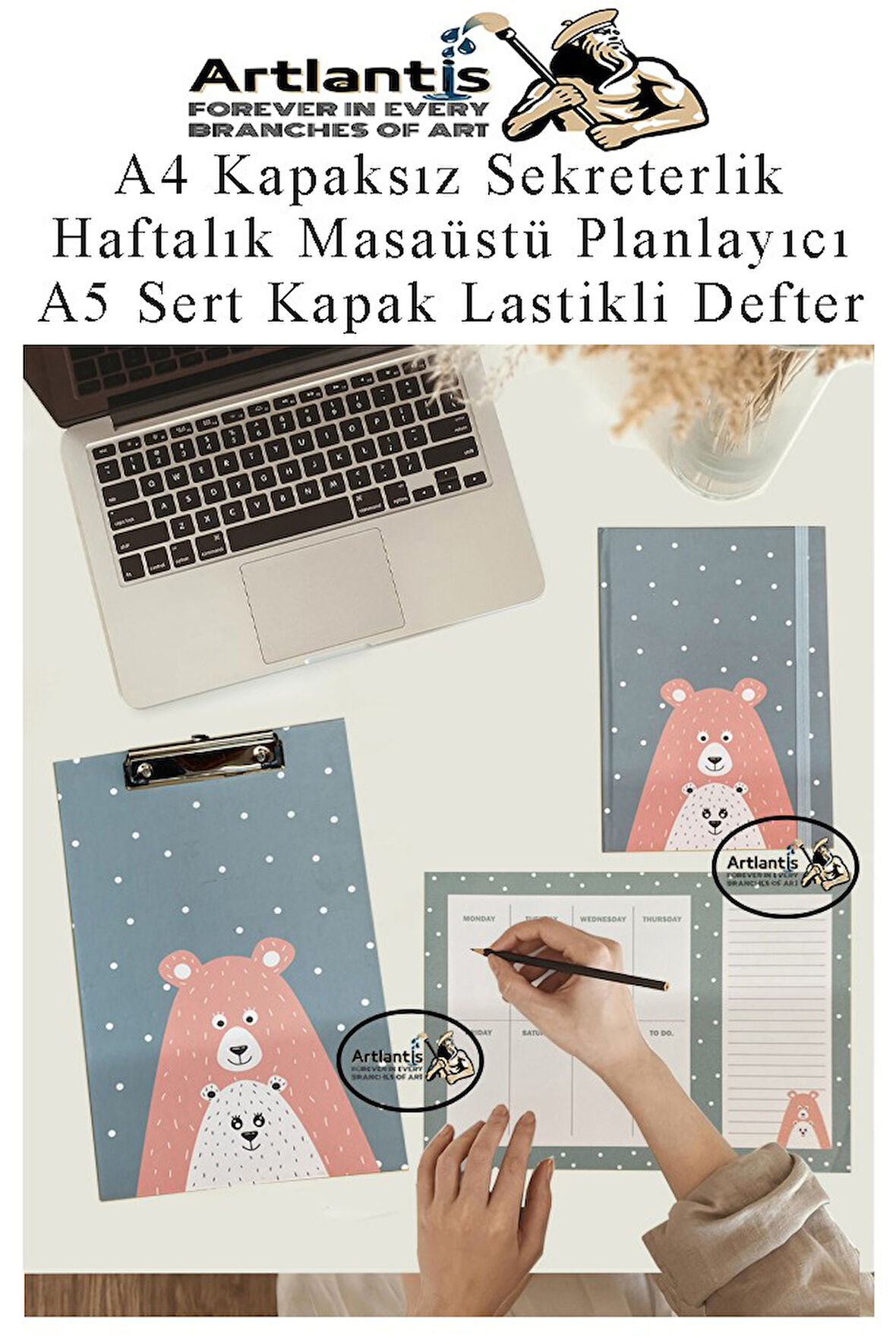 Desenli A4 Kapaksız Sekreterlik Masaüstü Haftalık Planlayıcı ve A5 Sert Kapak Lastikli Defter Planner Planlama Seti Ofis