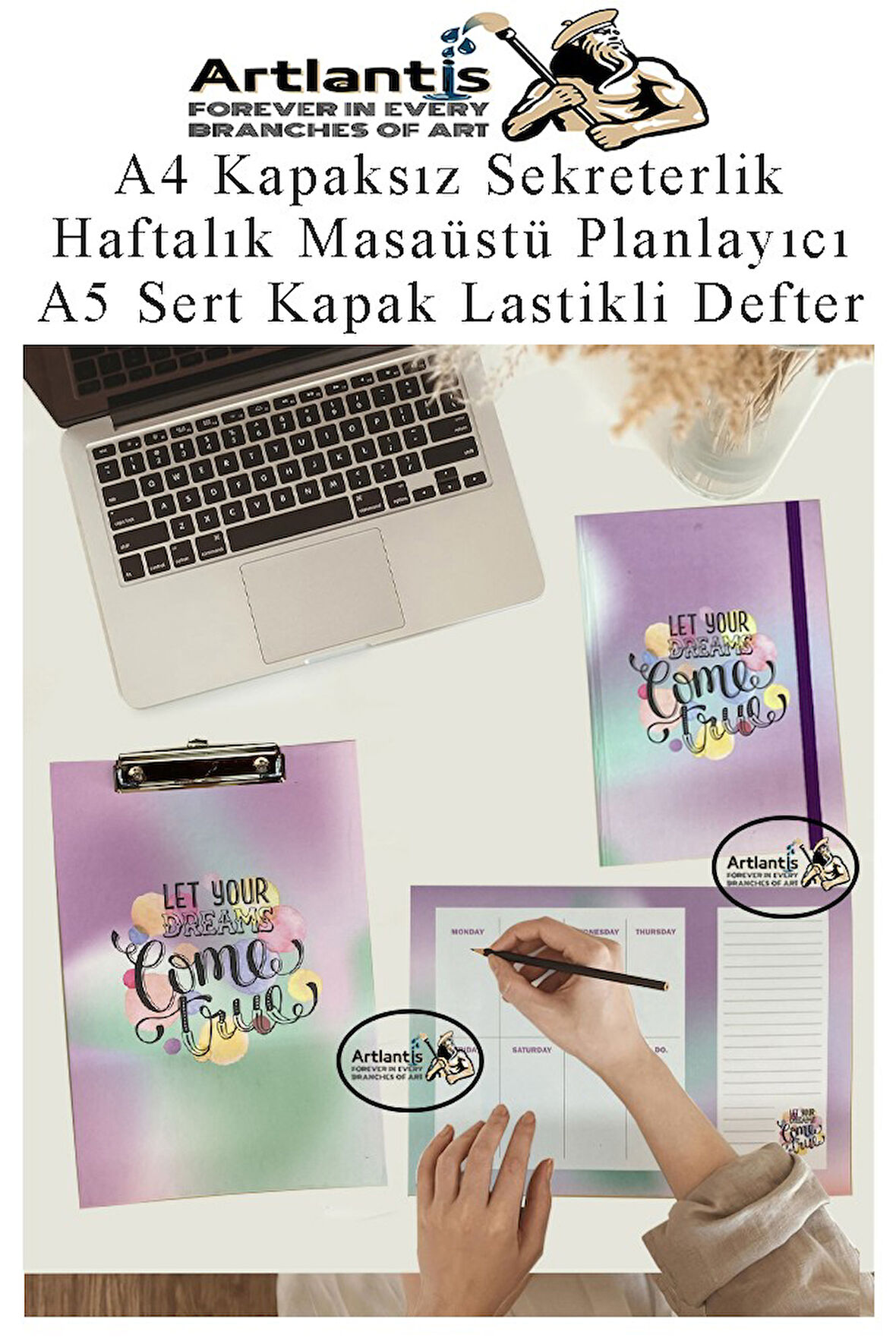 Desenli A4 Kapaksız Sekreterlik Masaüstü Haftalık Planlayıcı ve A5 Sert Kapak Lastikli Defter Planner Planlama Seti Ofis