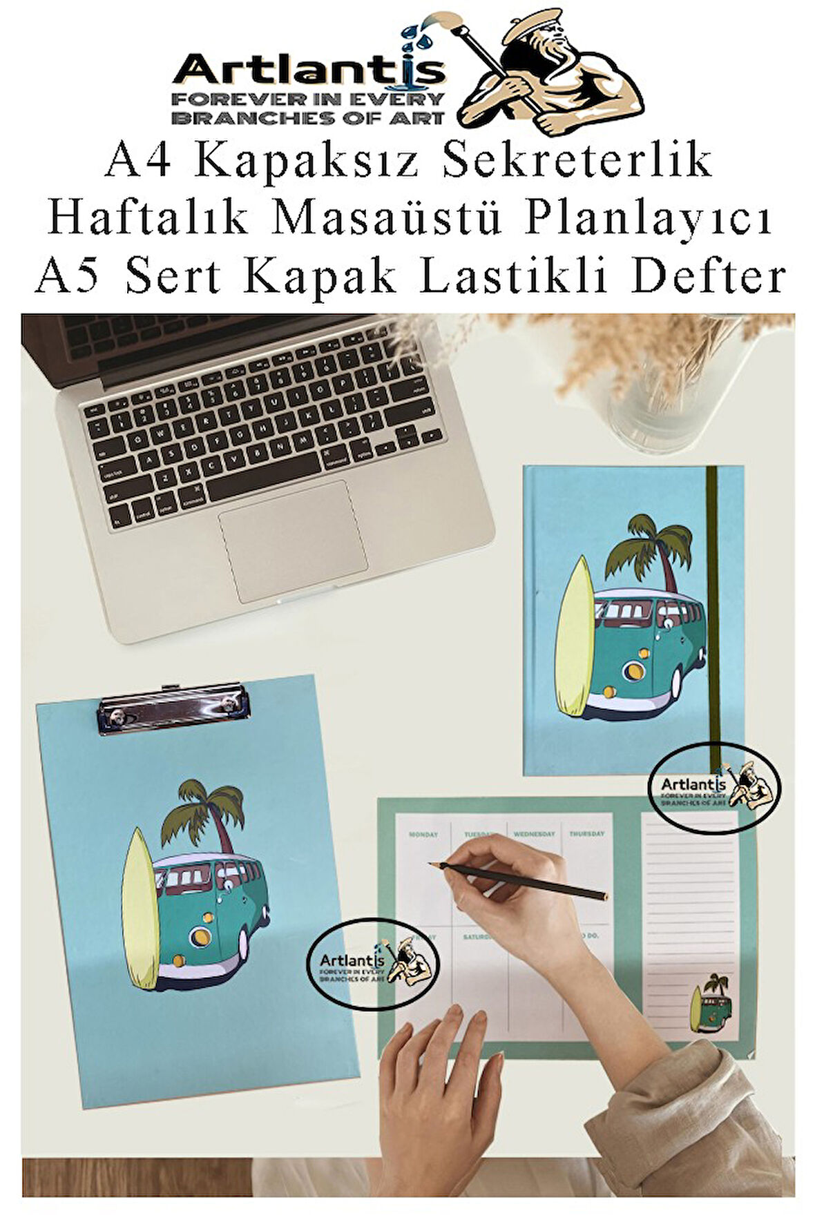 Desenli A4 Kapaksız Sekreterlik Masaüstü Haftalık Planlayıcı ve A5 Sert Kapak Lastikli Defter Planner Planlama Seti Ofis