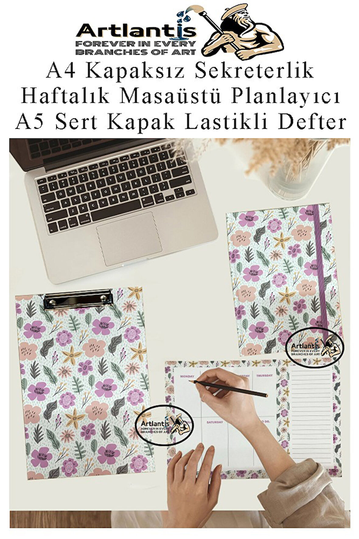 Desenli A4 Kapaksız Sekreterlik Masaüstü Haftalık Planlayıcı ve A5 Sert Kapak Lastikli Defter Planner Planlama Seti Ofis