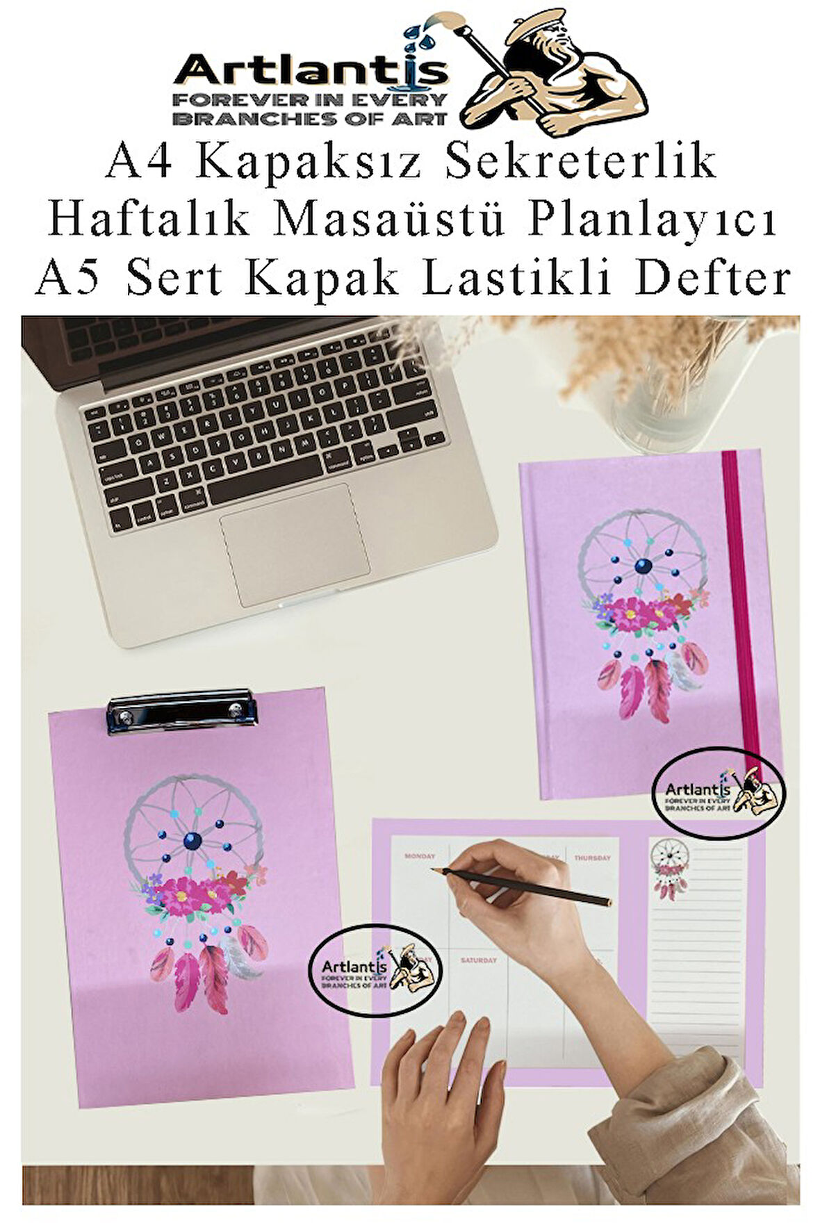 Desenli A4 Kapaksız Sekreterlik Masaüstü Haftalık Planlayıcı ve A5 Sert Kapak Lastikli Defter Planner Planlama Seti Ofis