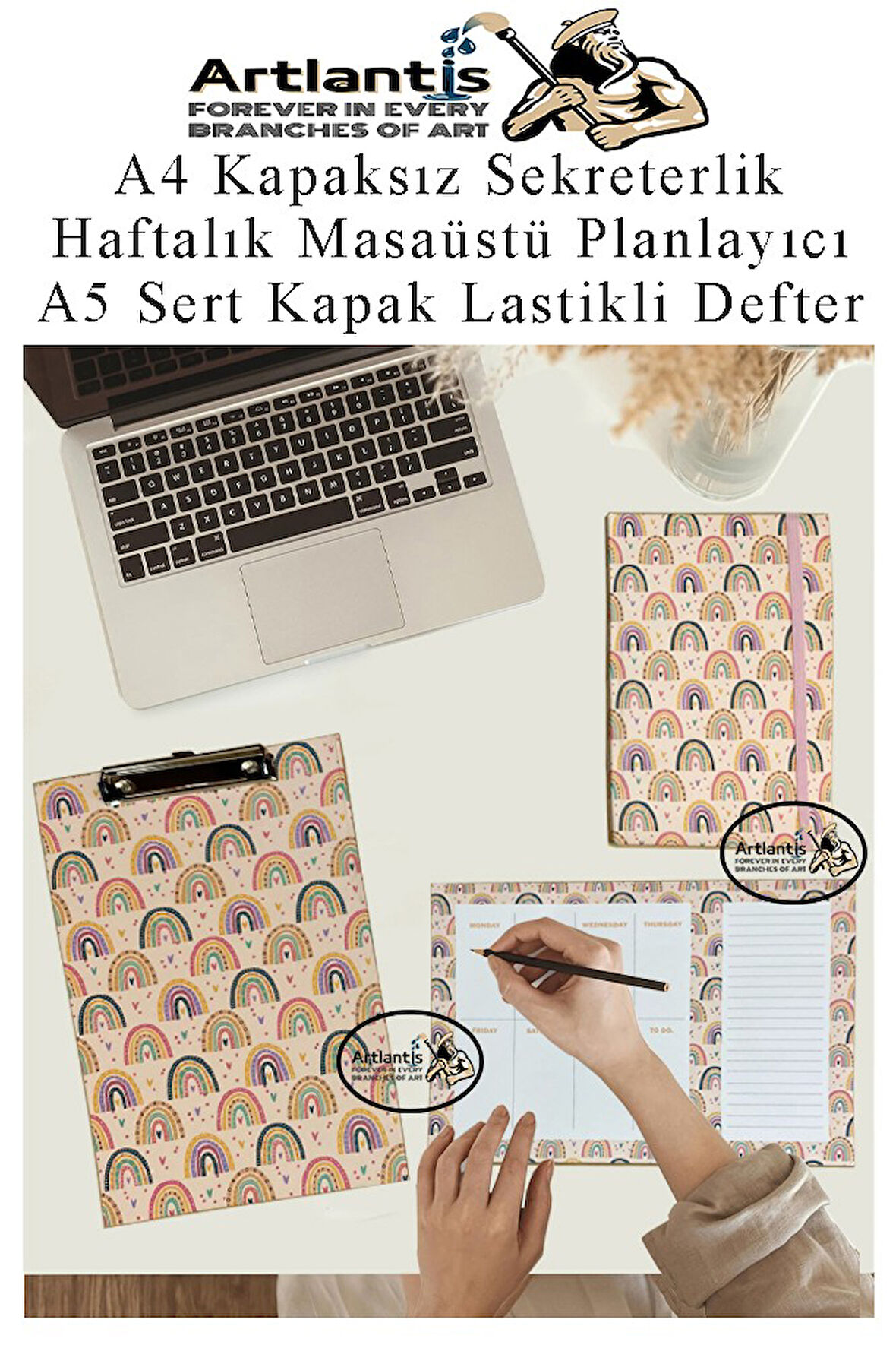 Desenli A4 Kapaksız Sekreterlik Masaüstü Haftalık Planlayıcı ve A5 Sert Kapak Lastikli Defter Planner Planlama Seti Ofis