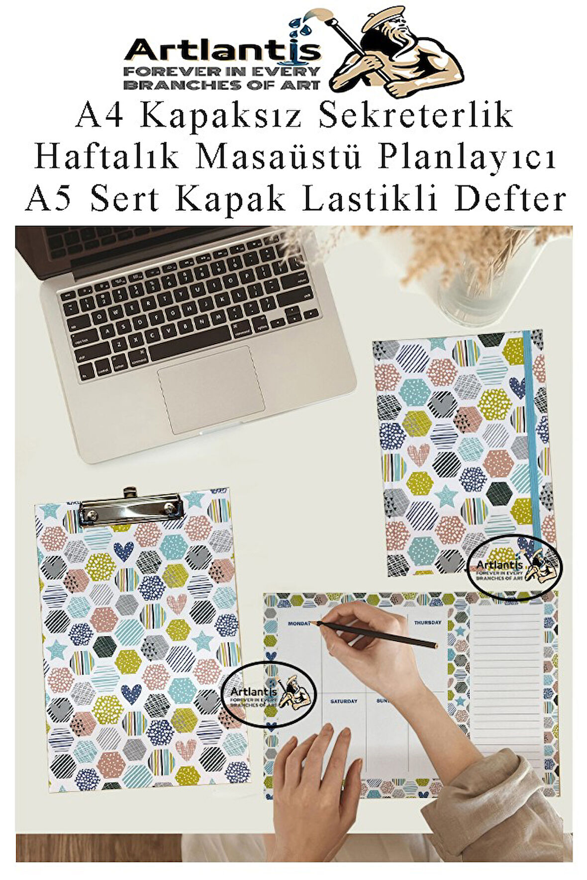 Desenli A4 Kapaksız Sekreterlik Masaüstü Haftalık Planlayıcı ve A5 Sert Kapak Lastikli Defter Planner Planlama Seti Ofis