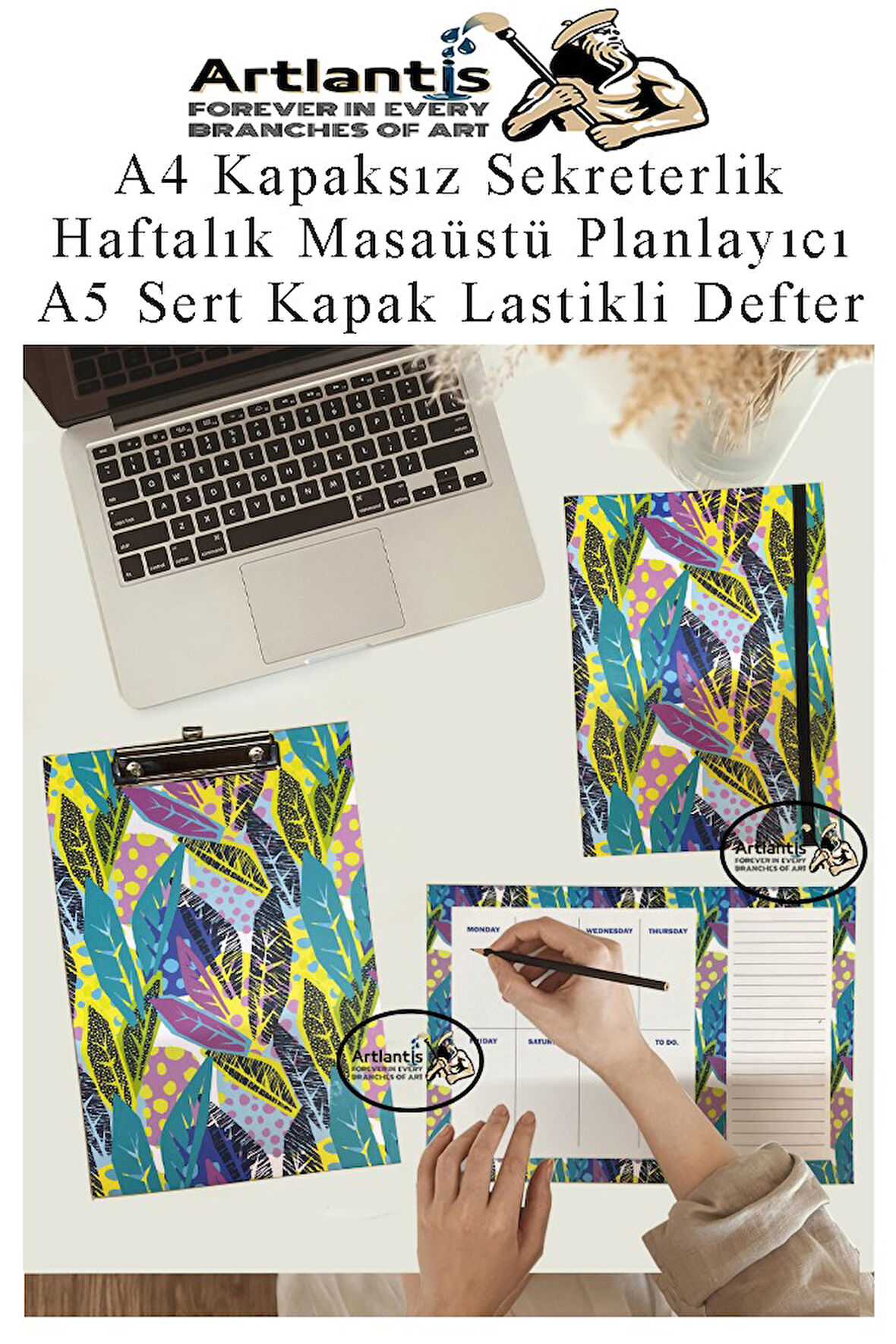 Desenli A4 Kapaksız Sekreterlik Masaüstü Haftalık Planlayıcı ve A5 Sert Kapak Lastikli Defter Planner Planlama Seti Ofis