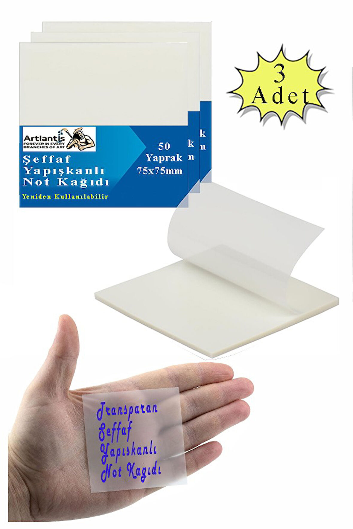 Yapışkanlı Şeffaf Not Kağıdı 50 Yaprak 3 Paket Kare Transparan Postit 75x75mm Yarı Saydam İşaretleyici Aydınger Not