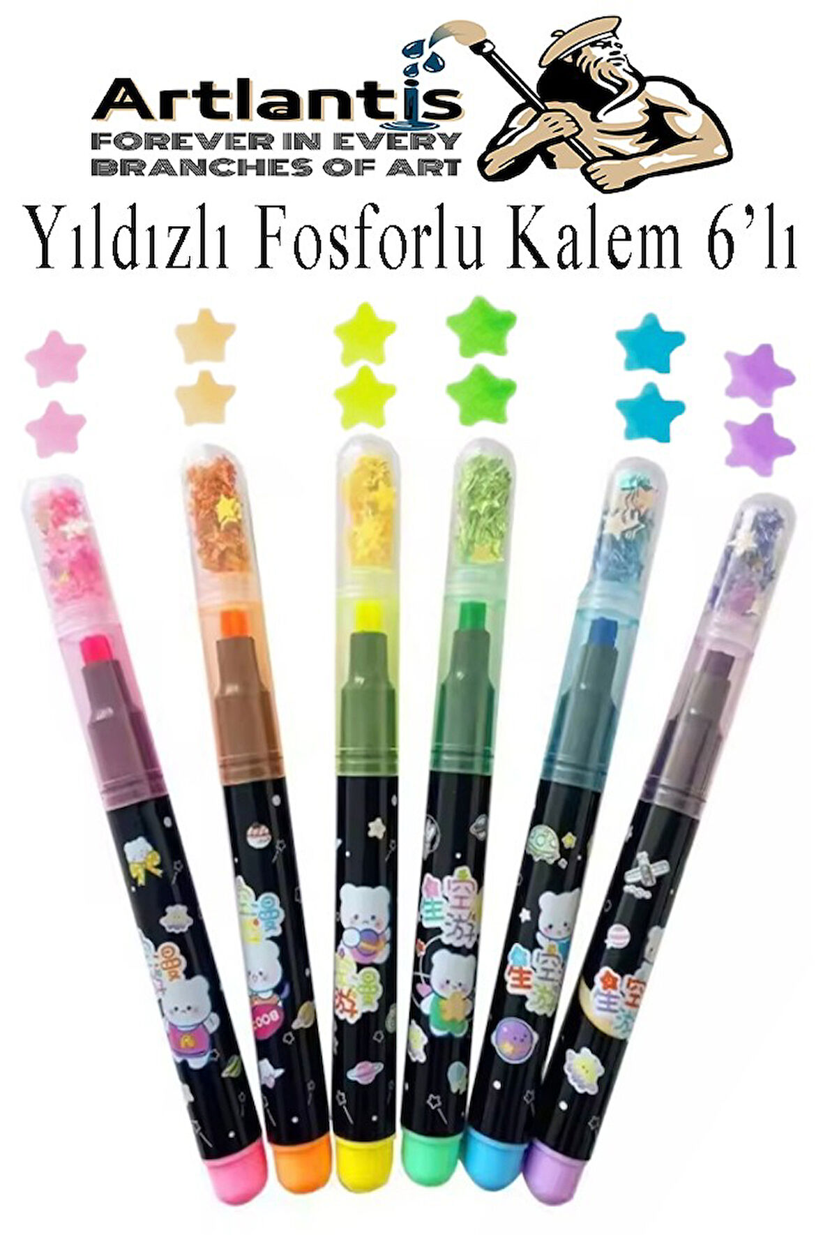 Yıldızlı Fosforlu Kalem 6 Renk 1 Paket Yıldız Baskılı İşaret Kalemi Pullu Yıldız Şekilli Damga Kalemi Sevimli Mühürlü