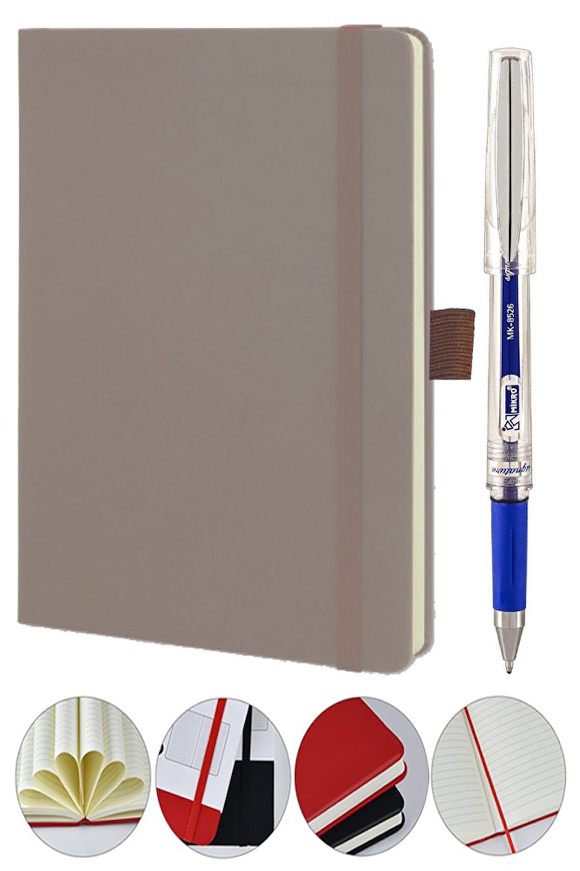 Tarihsiz Ajanda Çizgili Sert Kapak Lastikli 13x21 cm ve Pilot Kalem Seti 1 Paket  Not Defteri Çizgili Kalem Tutuculu