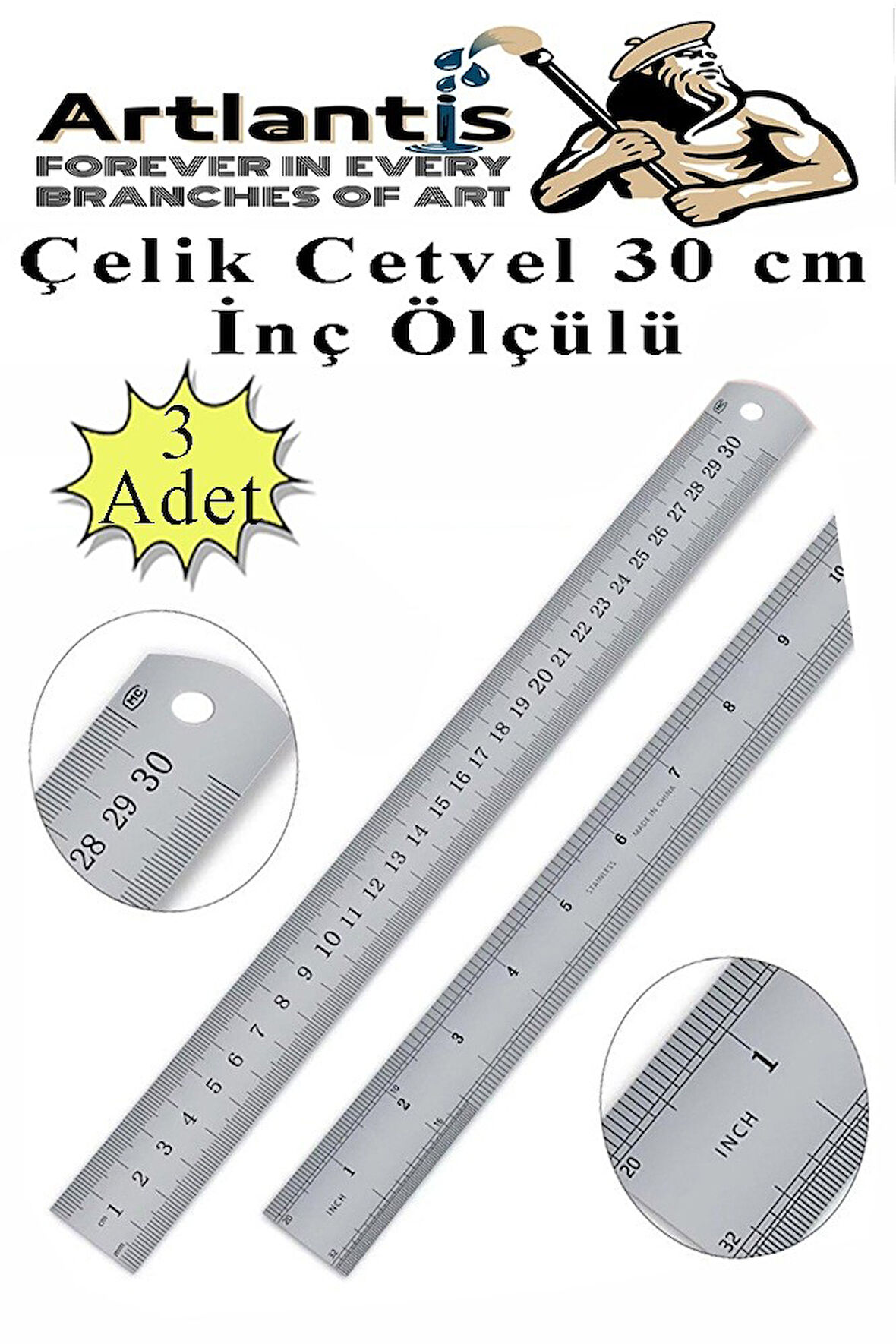 Çelik Cetvel 30 cm İnç Ölçülü 3 Adet Paslanmaz Çelik Metal Çetvel 30 Santimetre Düz Kenar Kolay Çizimler İçin