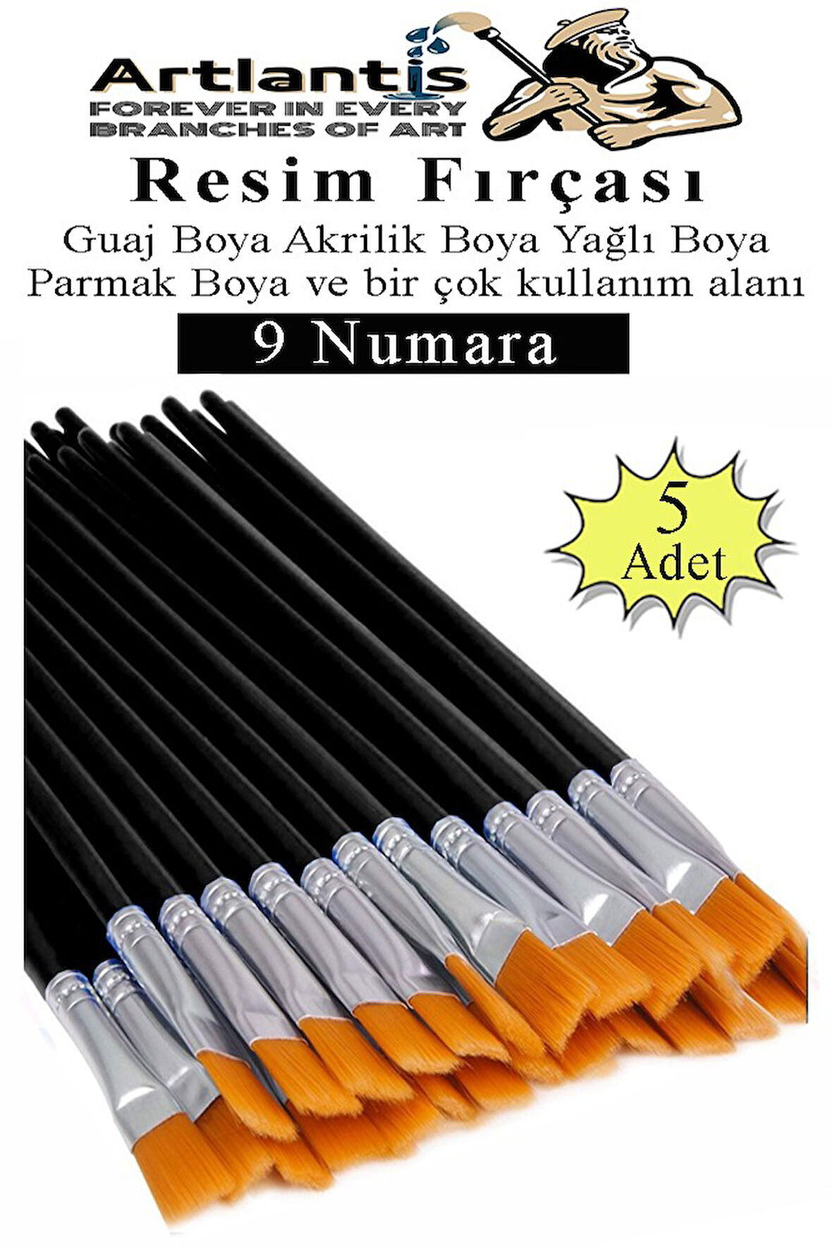 Resim Fırçası 9 Numara 5 Adet Yassı Uçlu Sentetik Resim Fırça Ekonomik Suluboya Akrilik Boya Guaj Boya Yağlı Boya