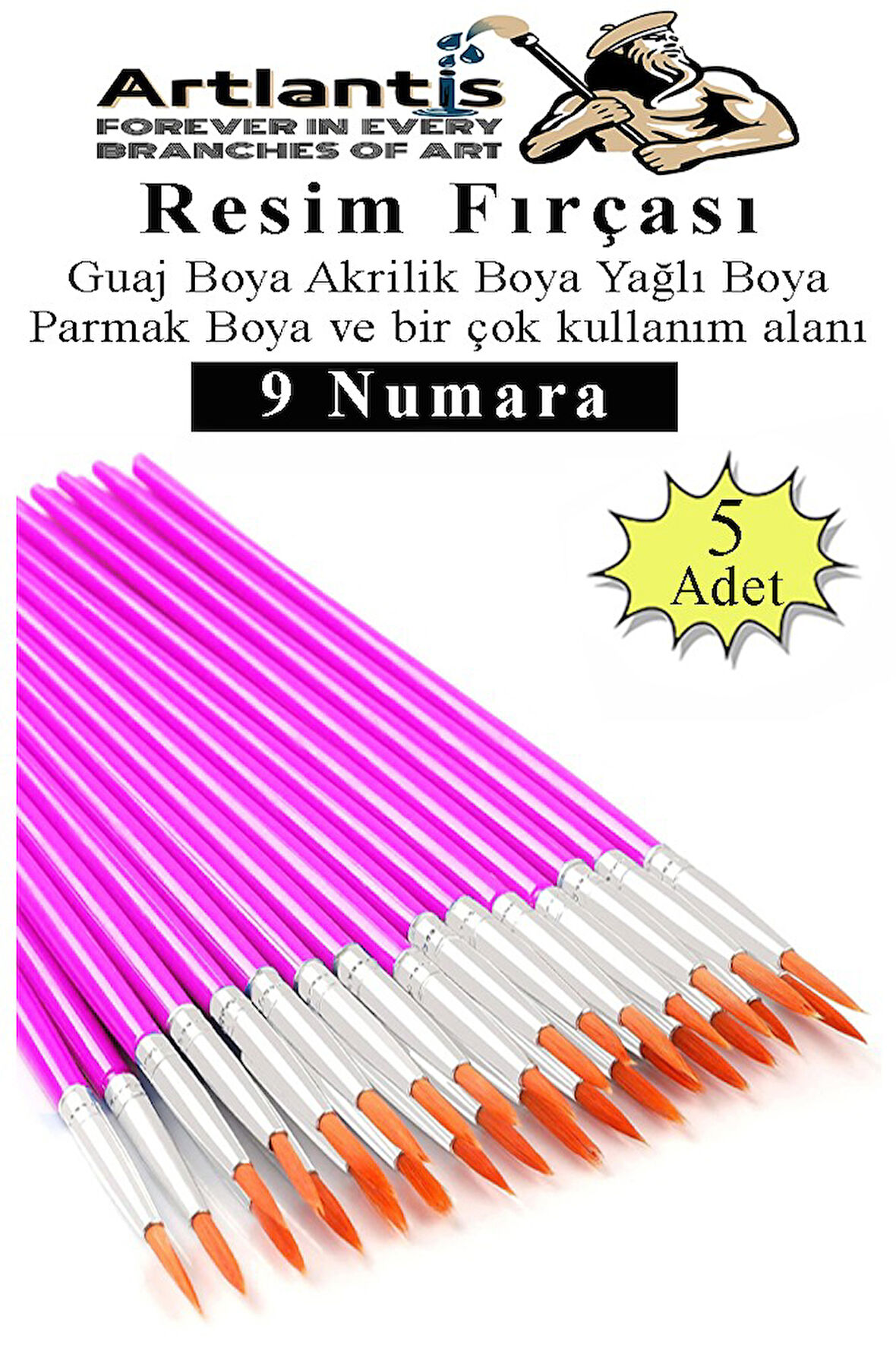 Resim Fırçası 9 Numara 5 Adet Yuvarlak Uçlu Sentetik Resim Fırça Ekonomik Suluboya Akrilik Boya Guaj Boya Yağlı Boya
