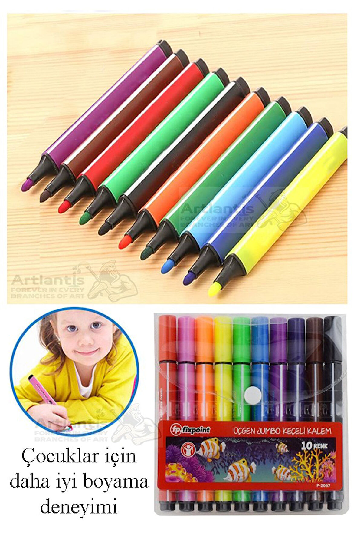Jumbo Üçgen Keçeli Kalem 10 Renk Plastik Kutu Fixpoint 10 lu Jumbo Keçeli Kalem Canlı Renkler Plastik Kutu