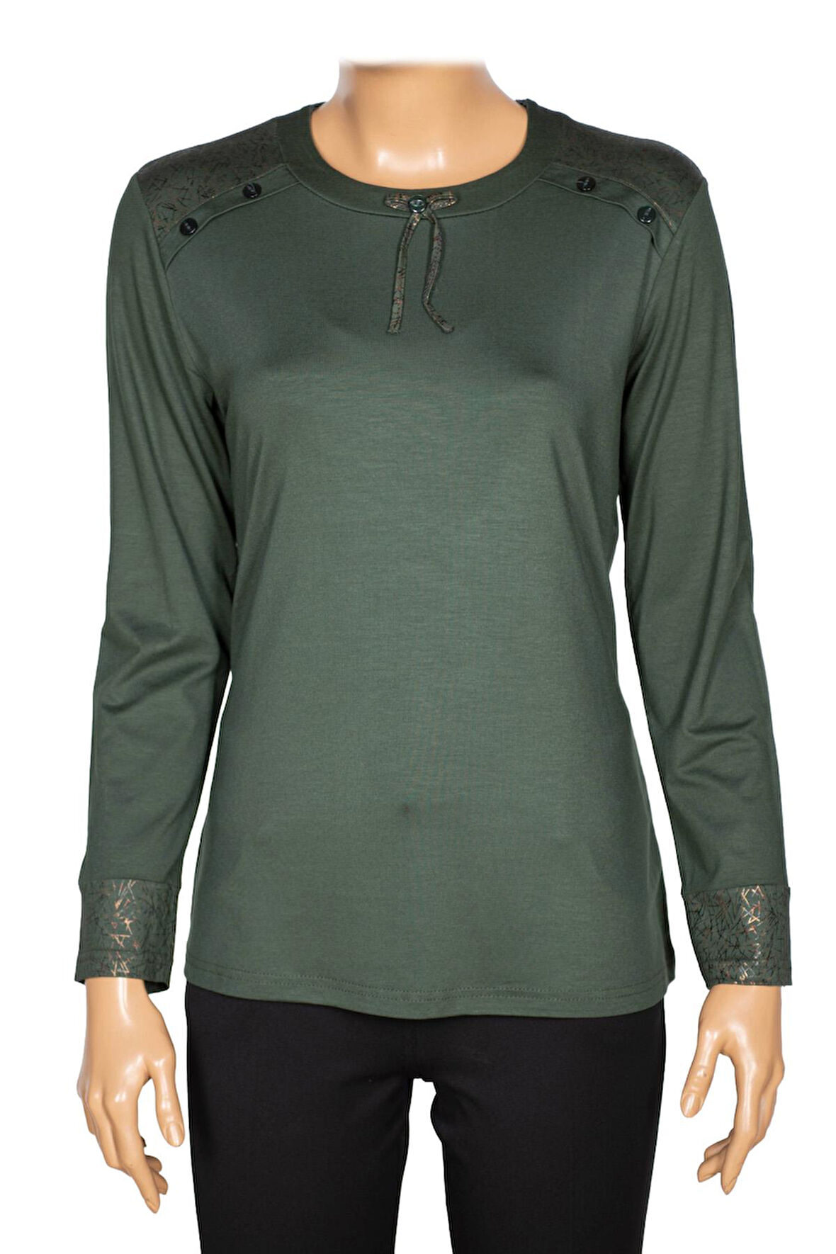 Simay Kadın Flora Ara Beden Kombinli Omzu Düğmeli Çam Yeşili Spor Bluz